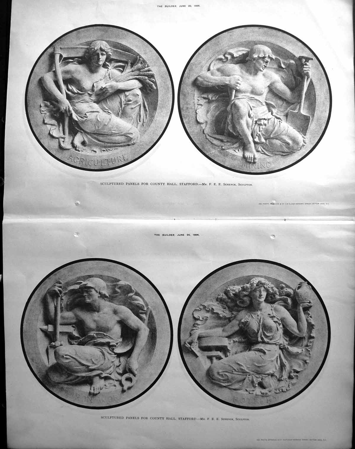 Antique Old Print Builder 1896 Sculpture Panels County Hall Stafford Schenck