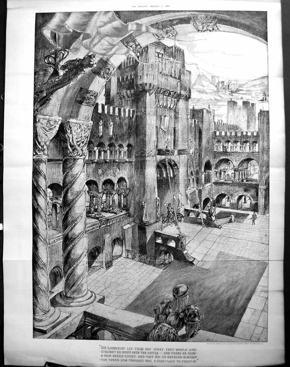 Old Antique Print Builder 1896 Architecture Sir Launcelot Castle Scene 19th