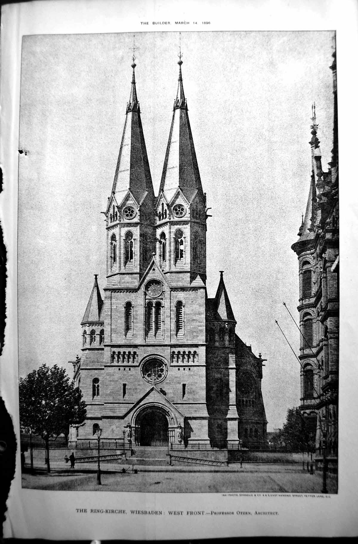 Old Print Ring-Kirche Wiesbaden Professor Otzen Builder 1896 Architecture 19th