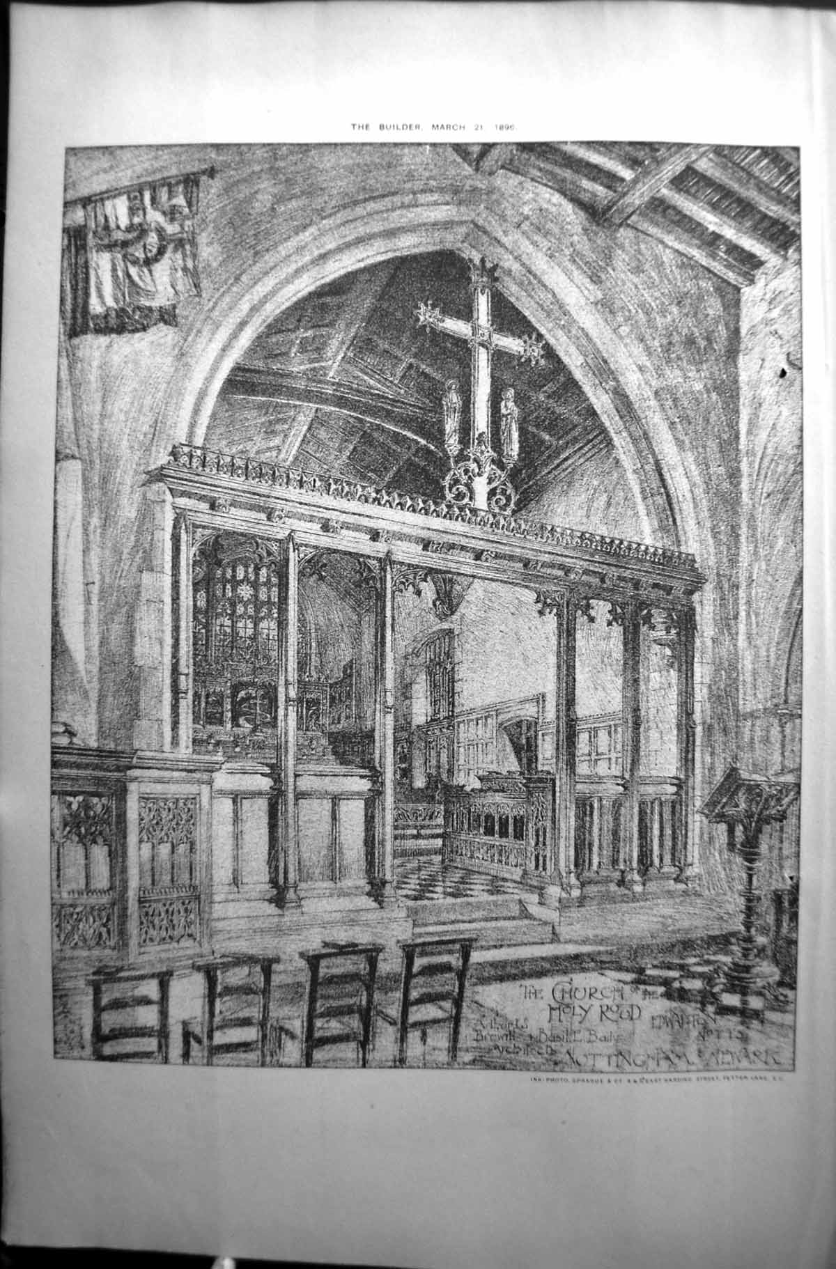 Original Old Antique Print Builder 1896 Architecture Church Holyrood Newark