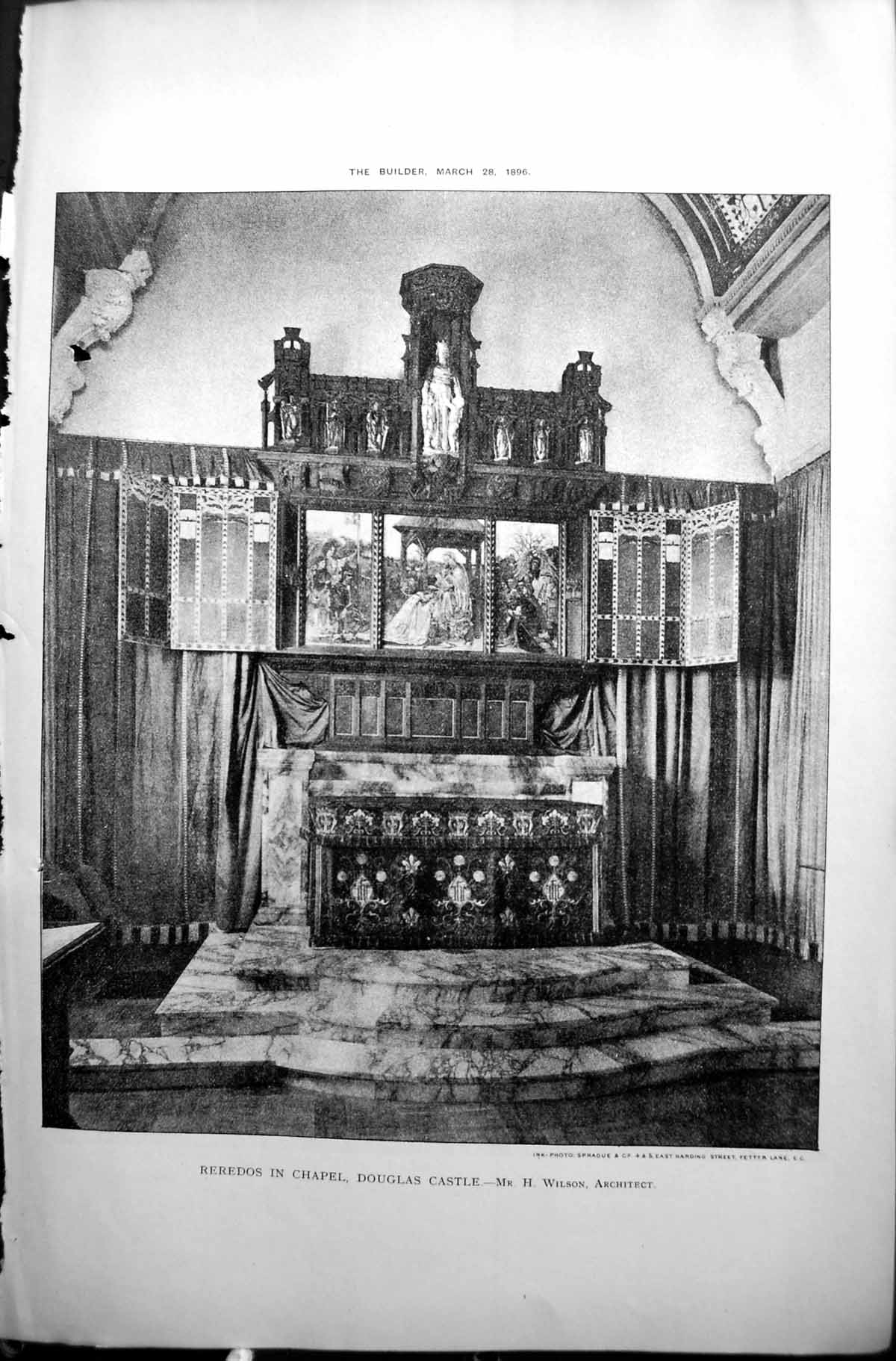 Original Old Antique Print Builder 1896 Reredos Chapel Castle Douglas Wilson
