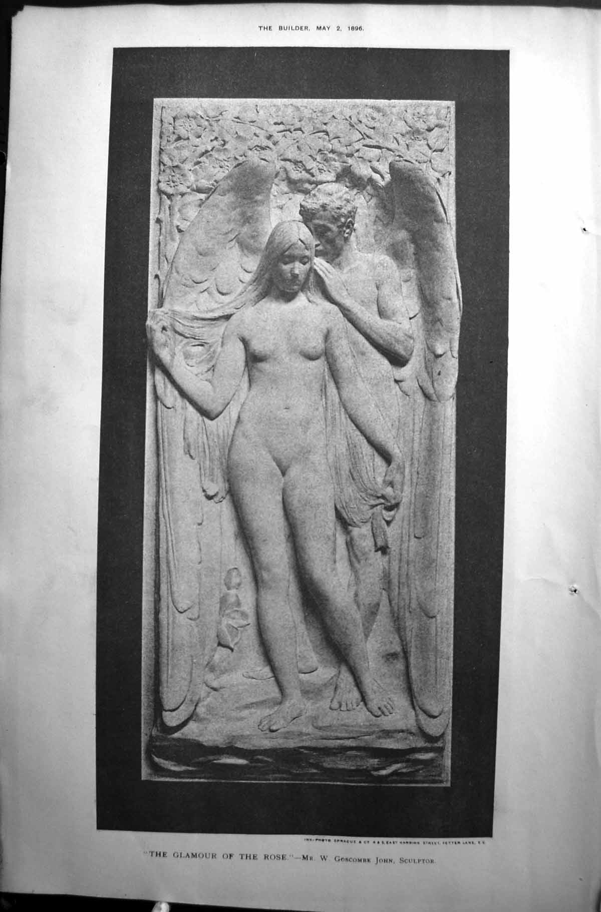 Old Print Builder 1896 Sculpture Glamour Rose Nude Man Lady Goscombe John 19th