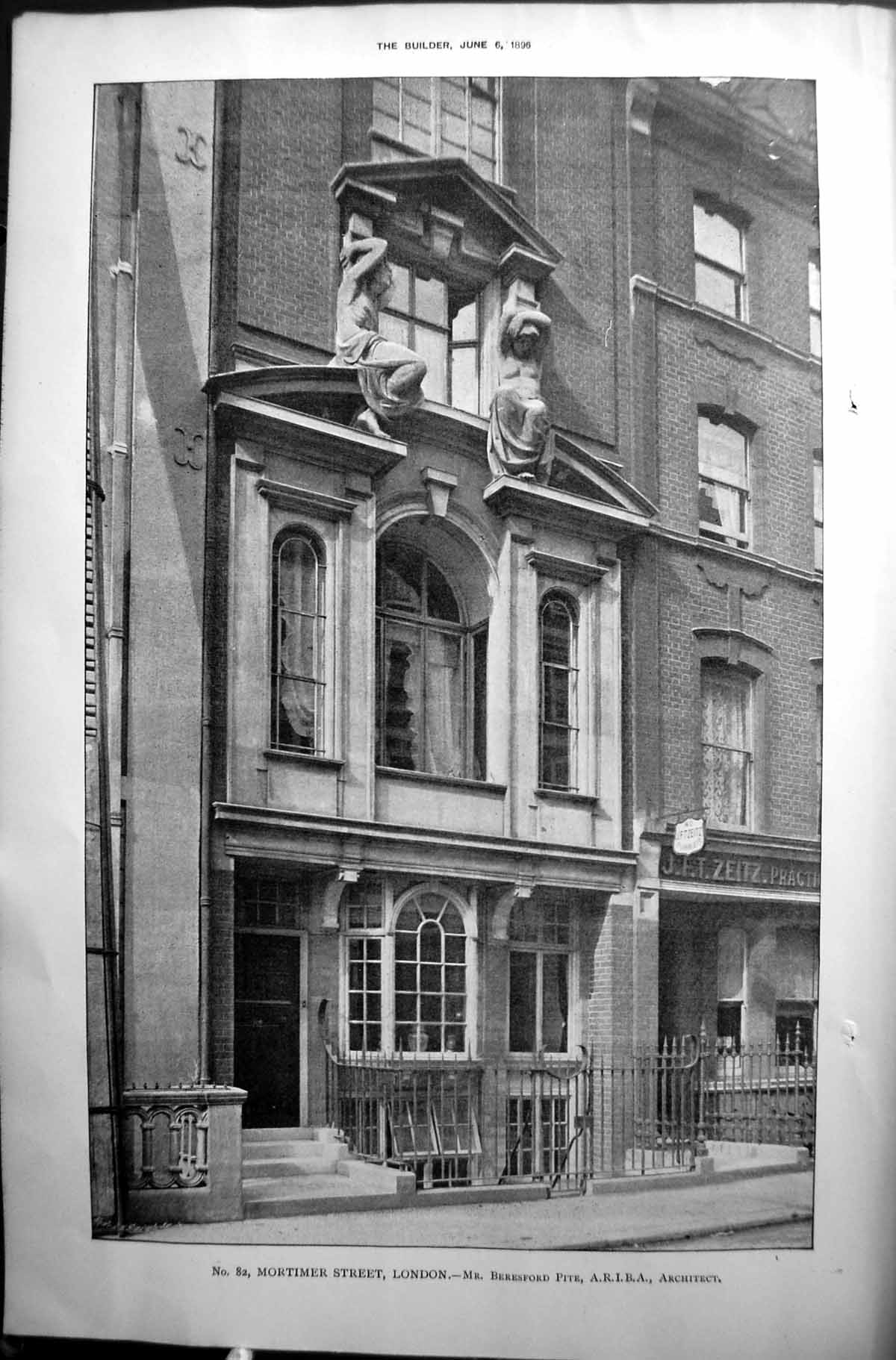 Old Print Builder 1896 Architecture Mortimer Street London Beresford Pite 19th