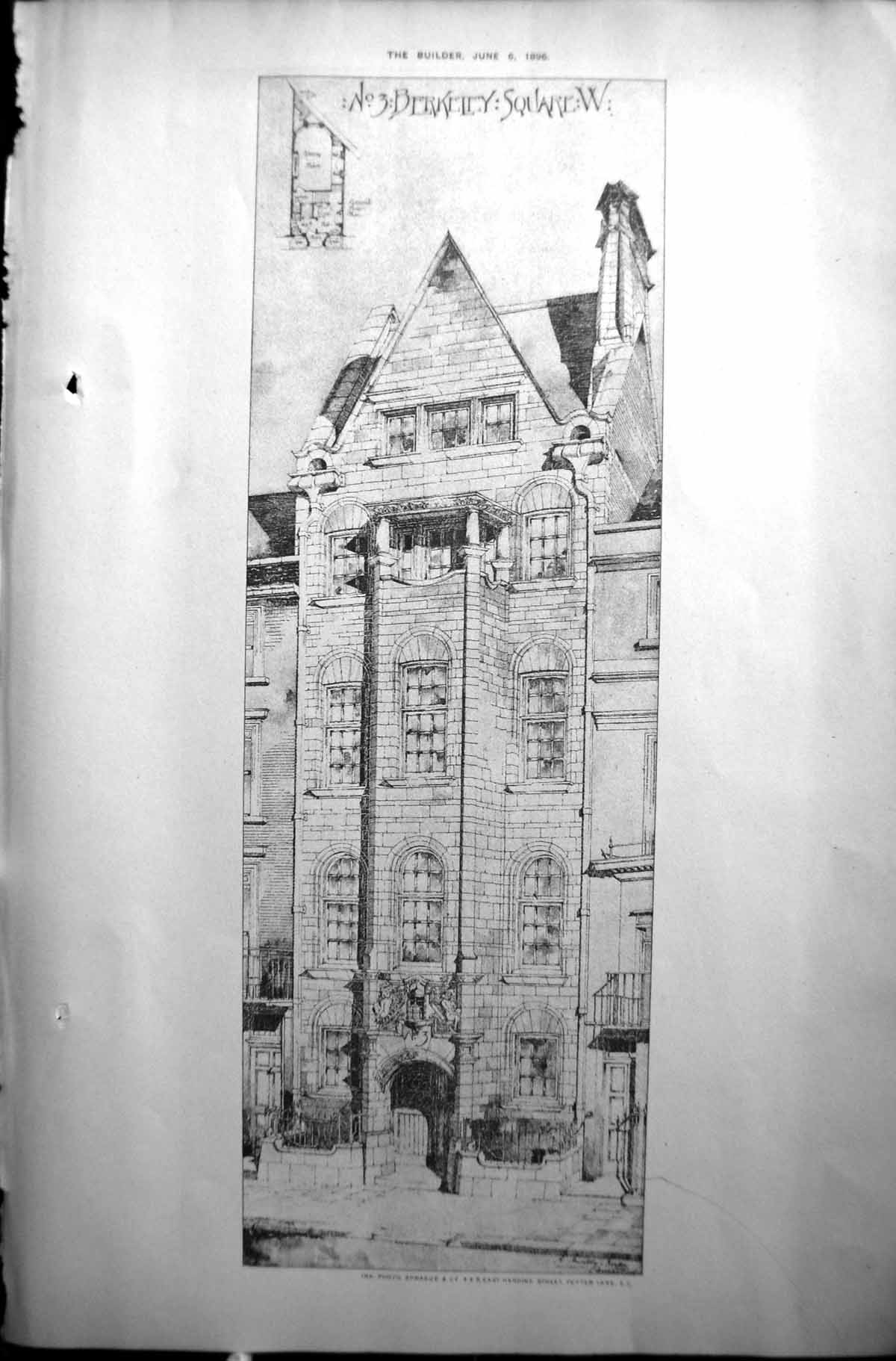 Old Antique Print Builder 1896 Architecture Berkeley Square Street Houses 19th