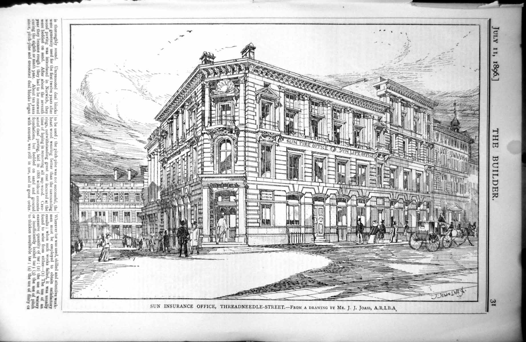 Old Antique Print Sun Insurance Office Threadneedle Street J J Joass 1896 19th