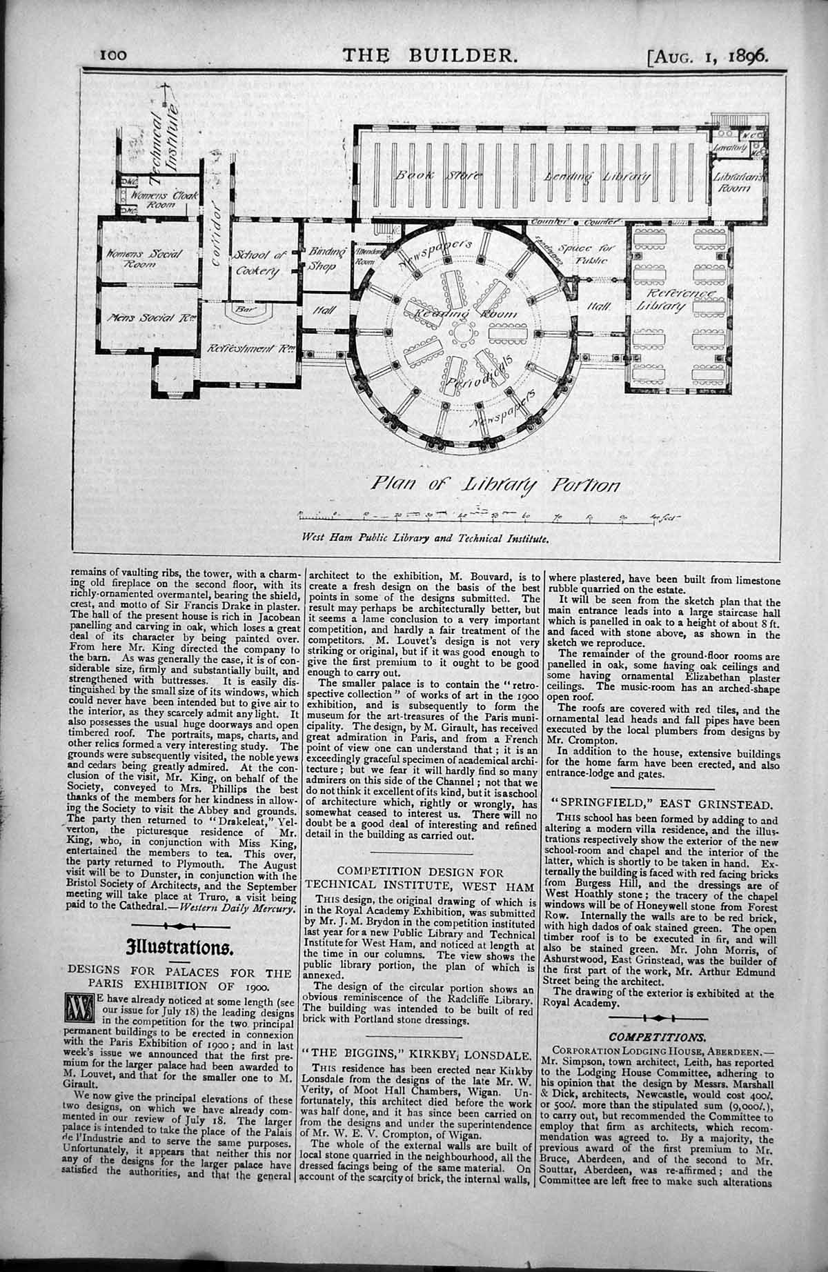 Old Plan West Ham Public Library Technical Institute Reading Room 1896 19th