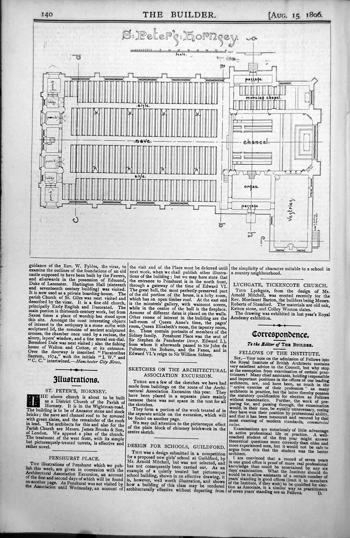 Old Plan Church St Peters Hornsey Wightman Road James Brook Arch 1896 Victorian