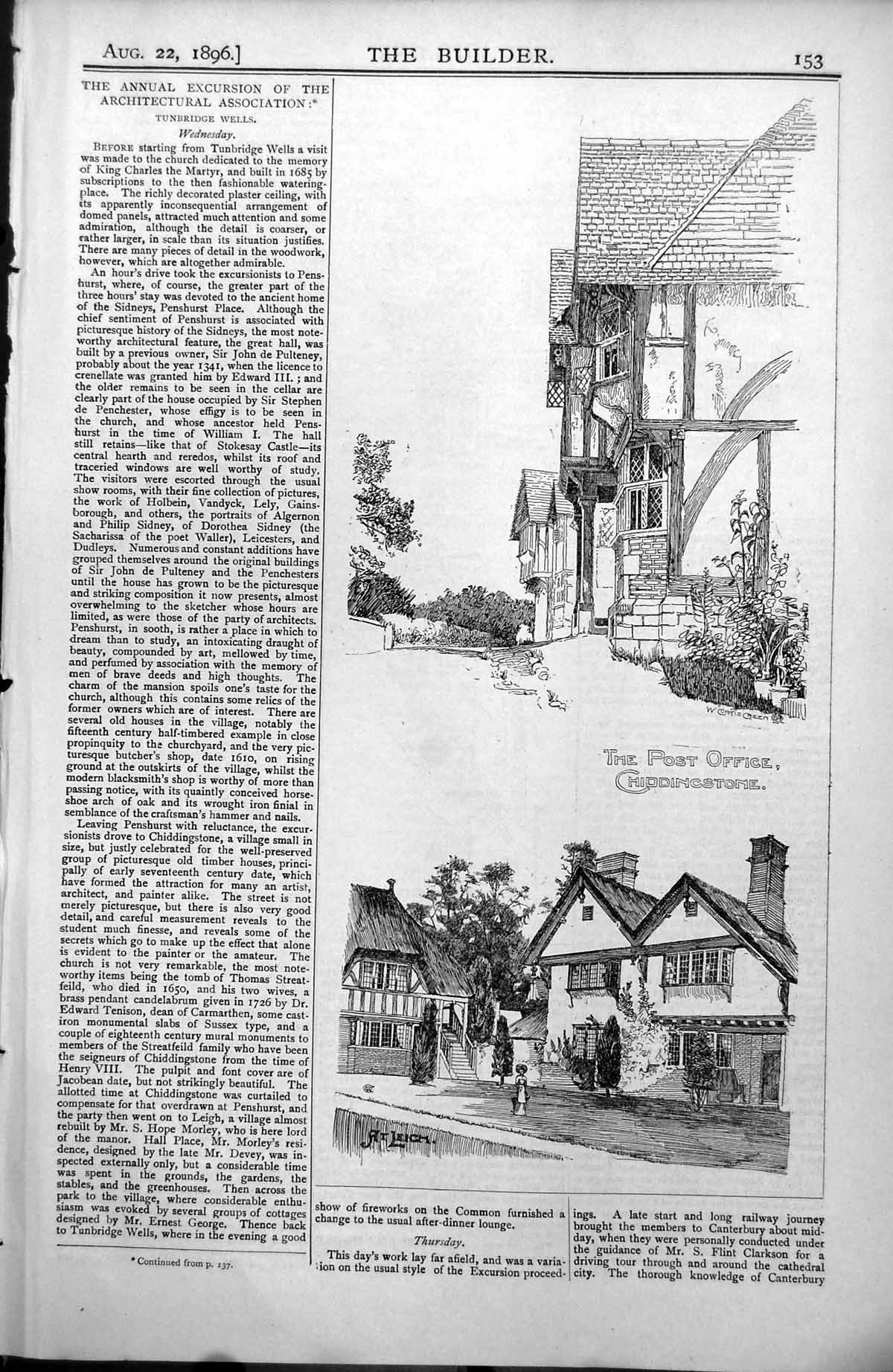Antique Old Print Post Office Chiddingstone Leigh Ichtham House Church 1896