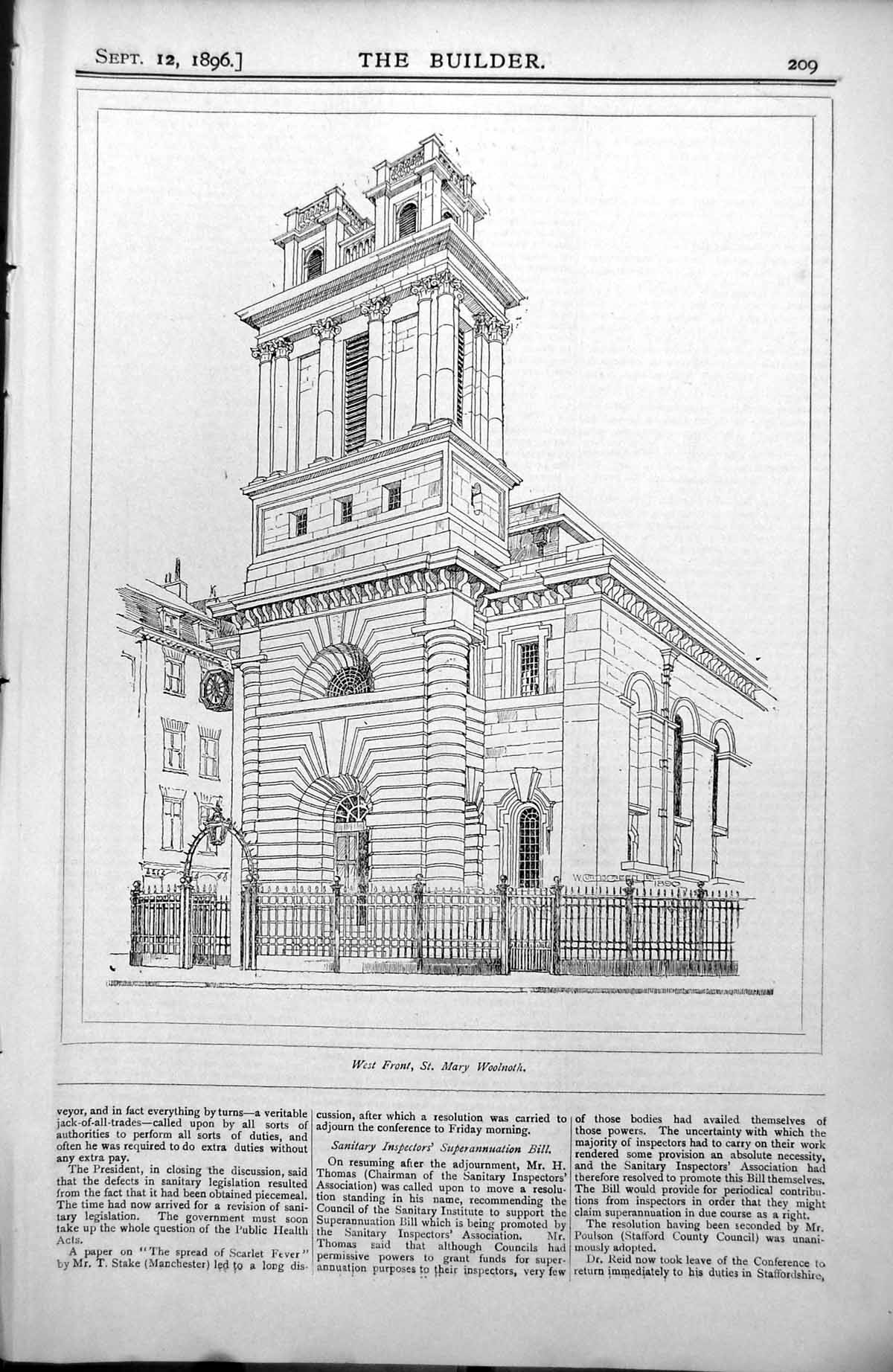 Antique Old Print West Front St Mary Woolnoth Railings Arched Entrance 1896