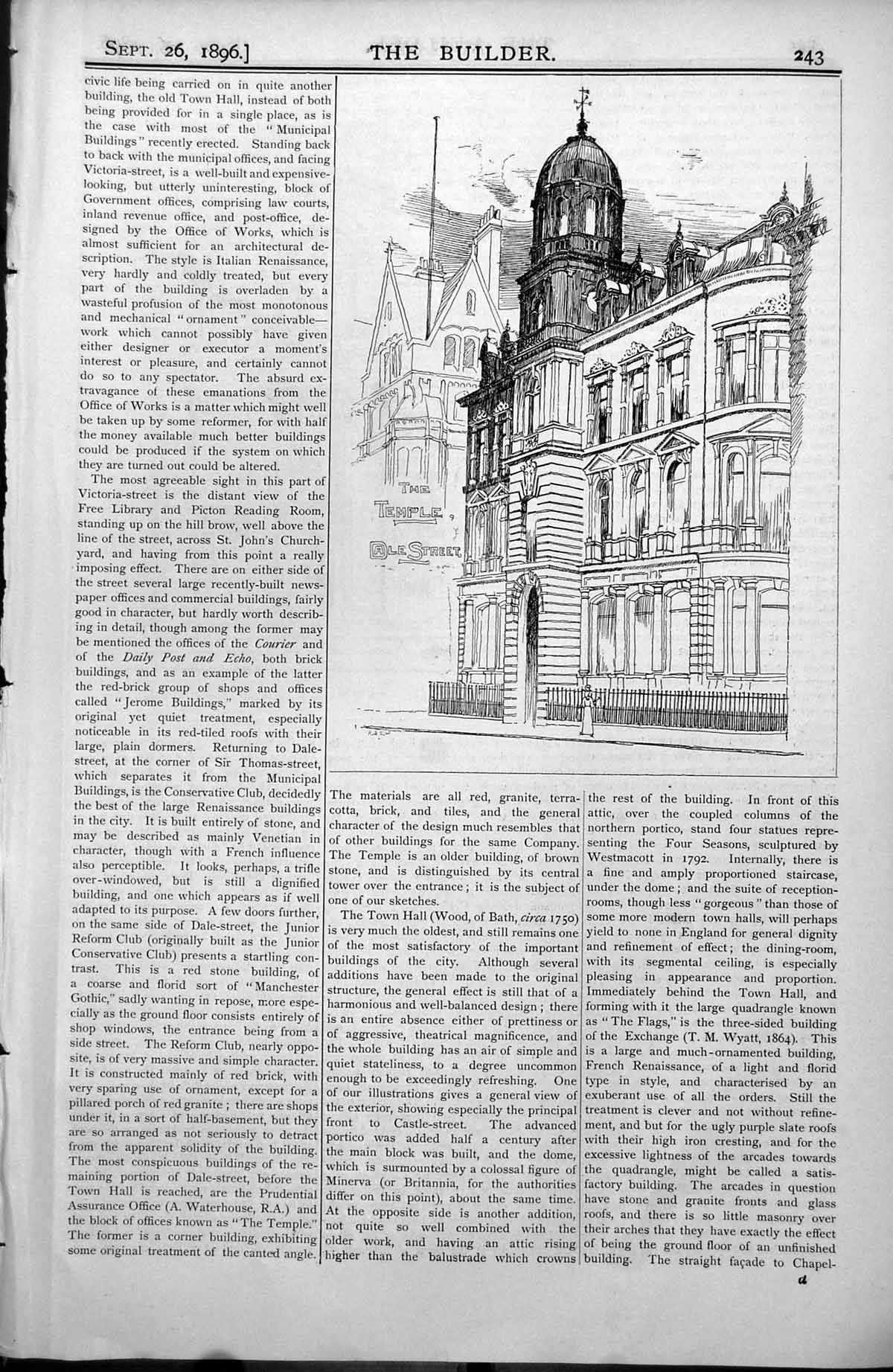 Original Old Antique Print Temple Dale Street Bank England Liverpool 1896 19th