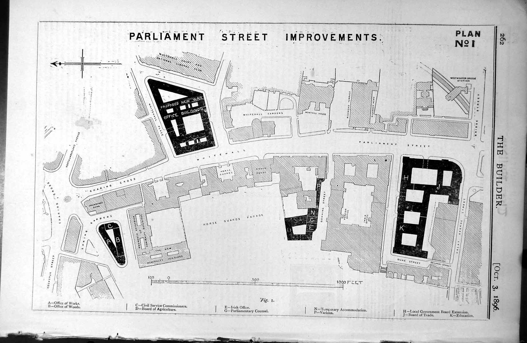 Old Plan Parliament Street Improvements Downing Street Whitehall 1896 Victorian