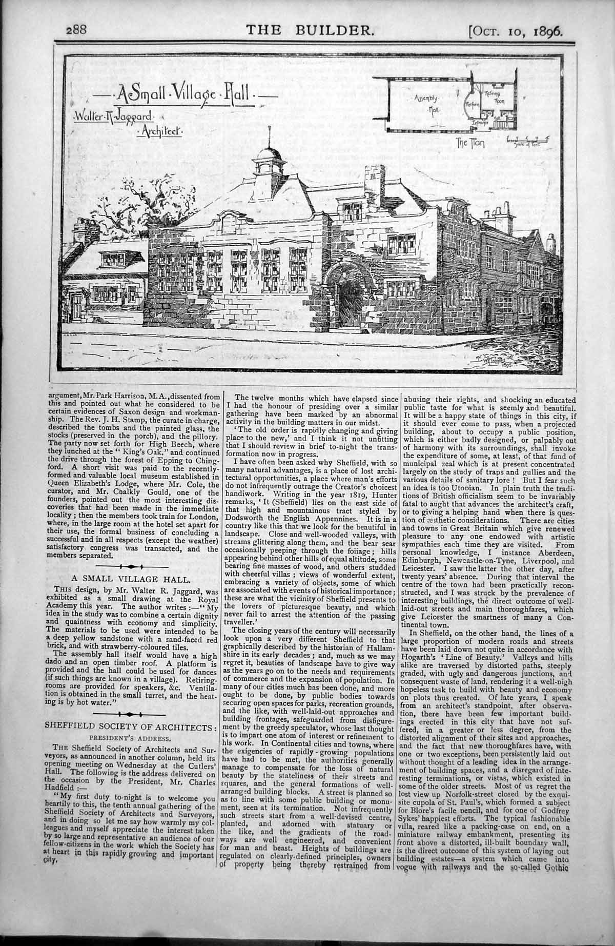 Old Small Village Hall Plan Assembly Hall Acting Room Walter Jaggard1896 19th