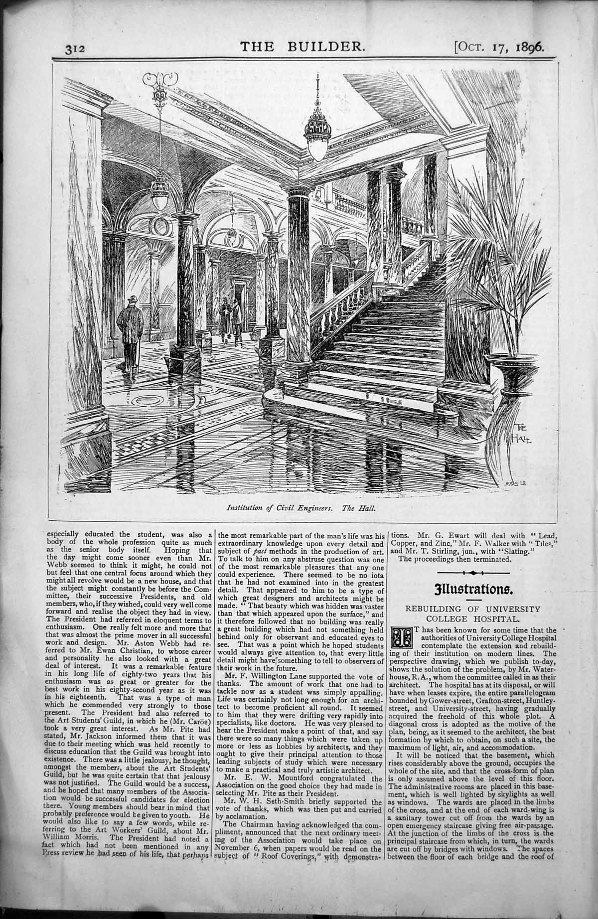 Original Old Antique Print Institution Civil Engineers Hall Staircase 1896 19th