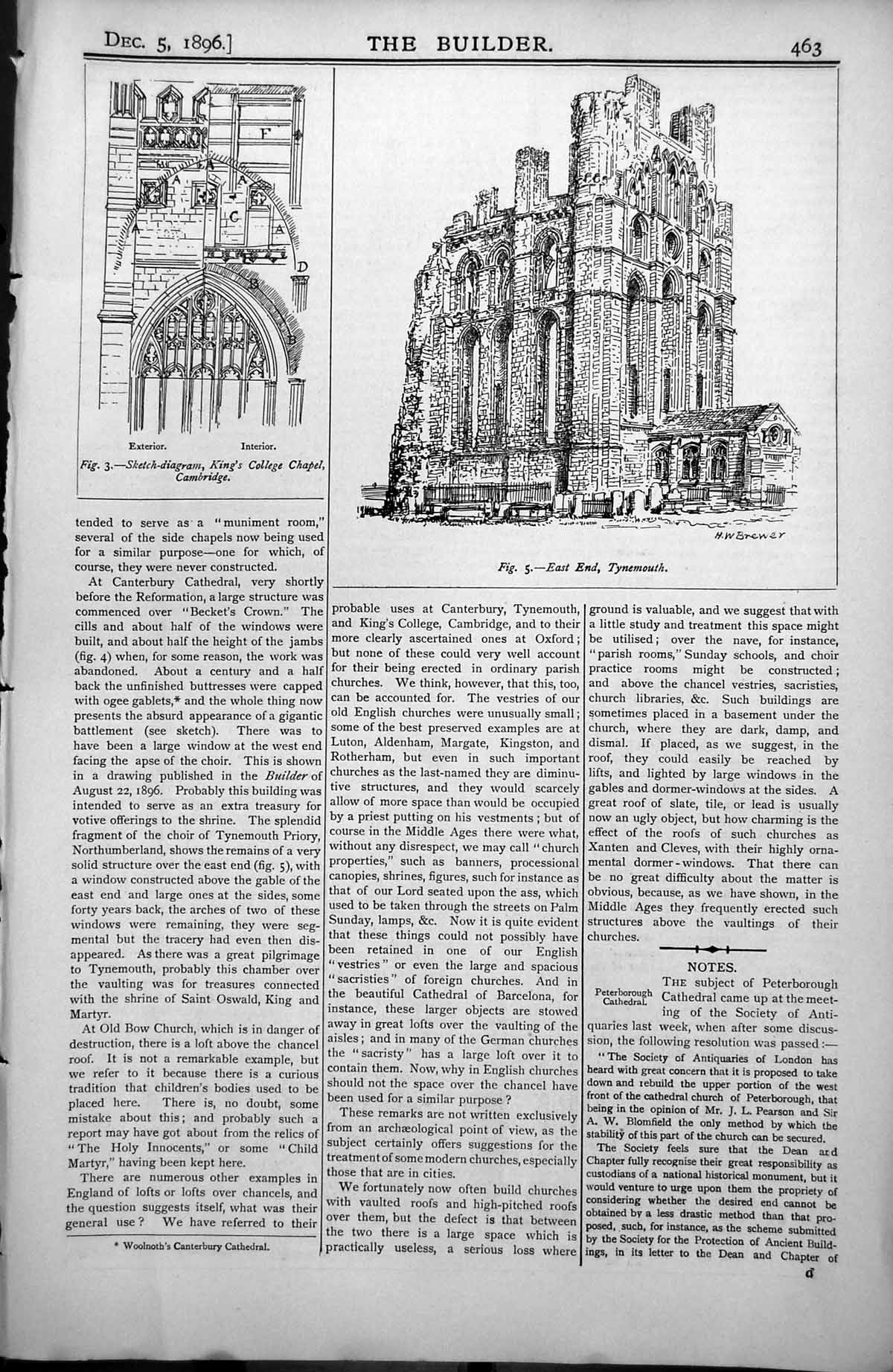 Old Print Diagram Kings College Chapel Cambridge East End Tynemouth 1896 19th