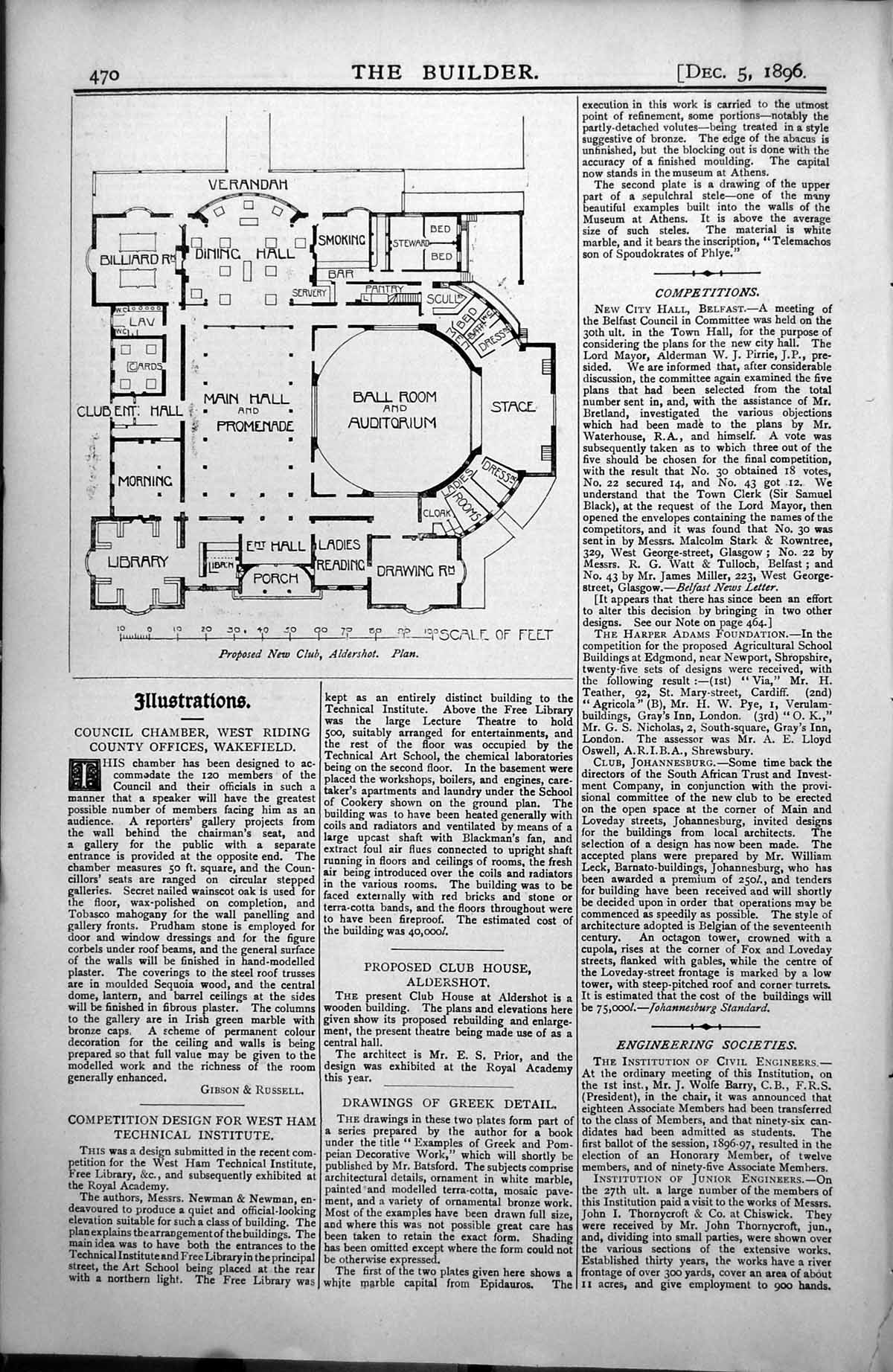 Antique Old Print Proposed New Club Aldershot Plan Ball Room Auditorium 1896