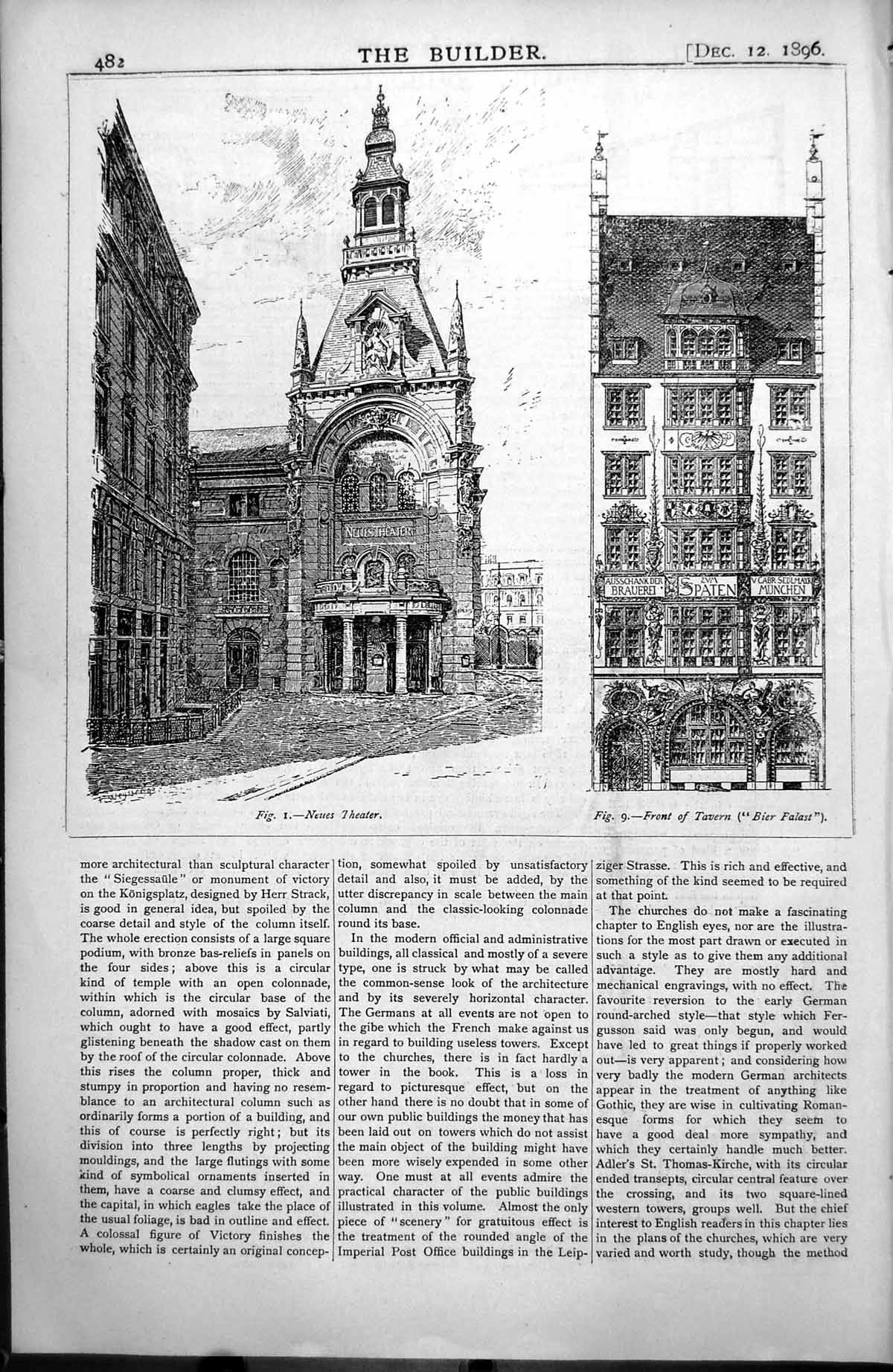 Antique Print Berlin Buildings Neues Theatre Front Tavern Bier Falast 1896 19th