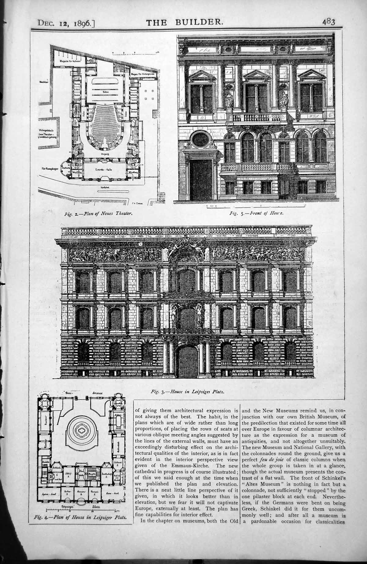 Antique Print Plan Neues Theatre House Leipziger Plan House Grunerwald 1896