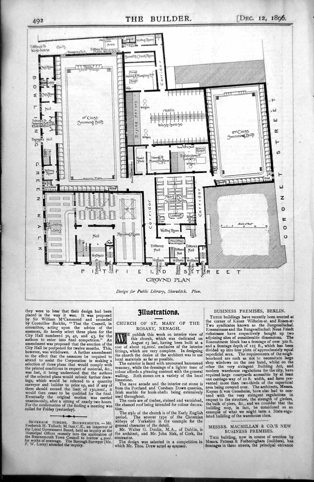 Old Design Pubblic Library Shoreditch Ground Plan Pitfield Street 1896 19th