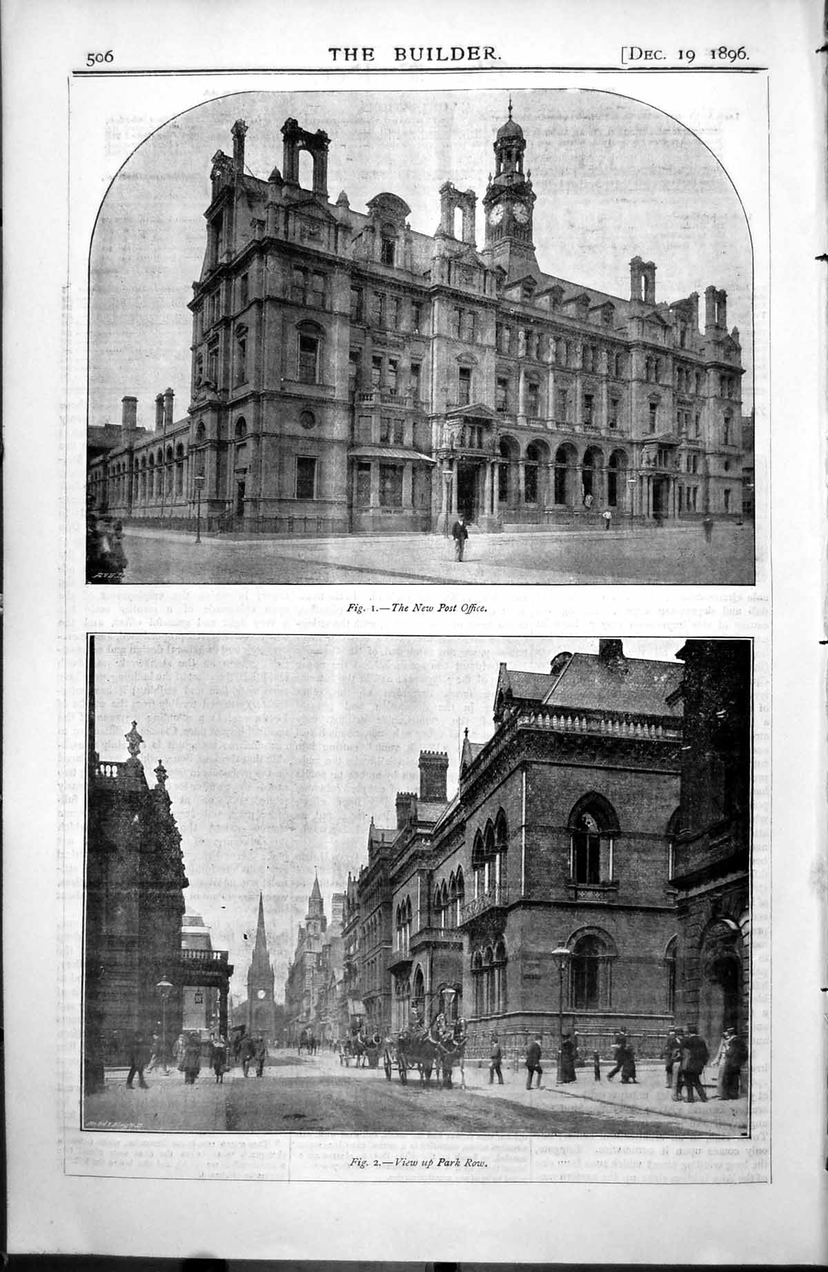 Antique Old Print New Post Office Leeds Front Entrance View Up Park Row 1896