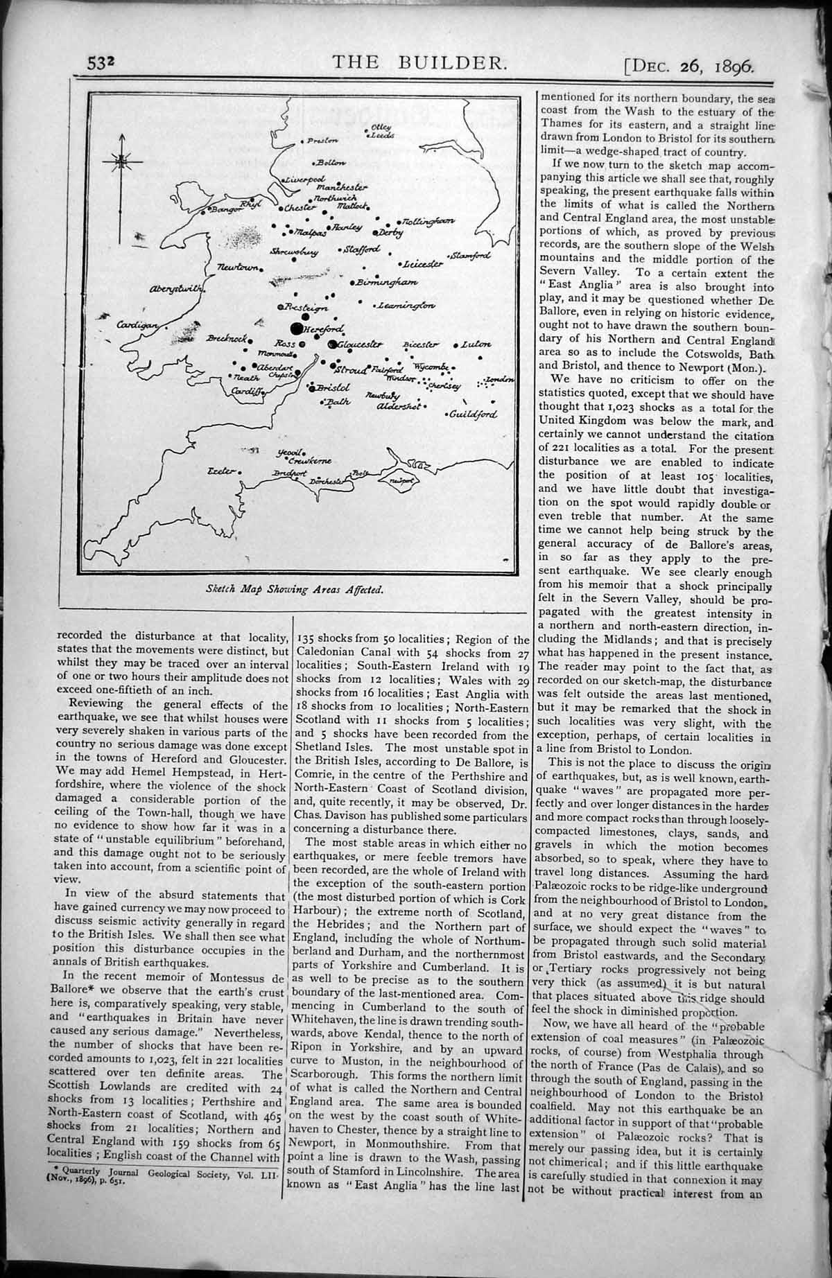 Old Recent Earthquake England Map Showing Areas Affected Hereford 1896 19th