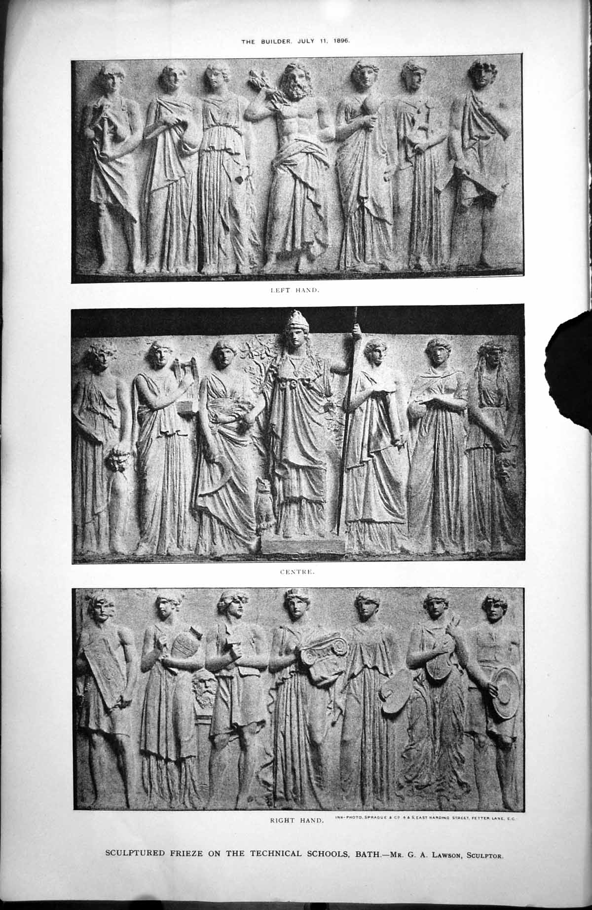 Old Print Sculptured Frieze Technical Schools Bath G Lawson Sculptor 1896 19th