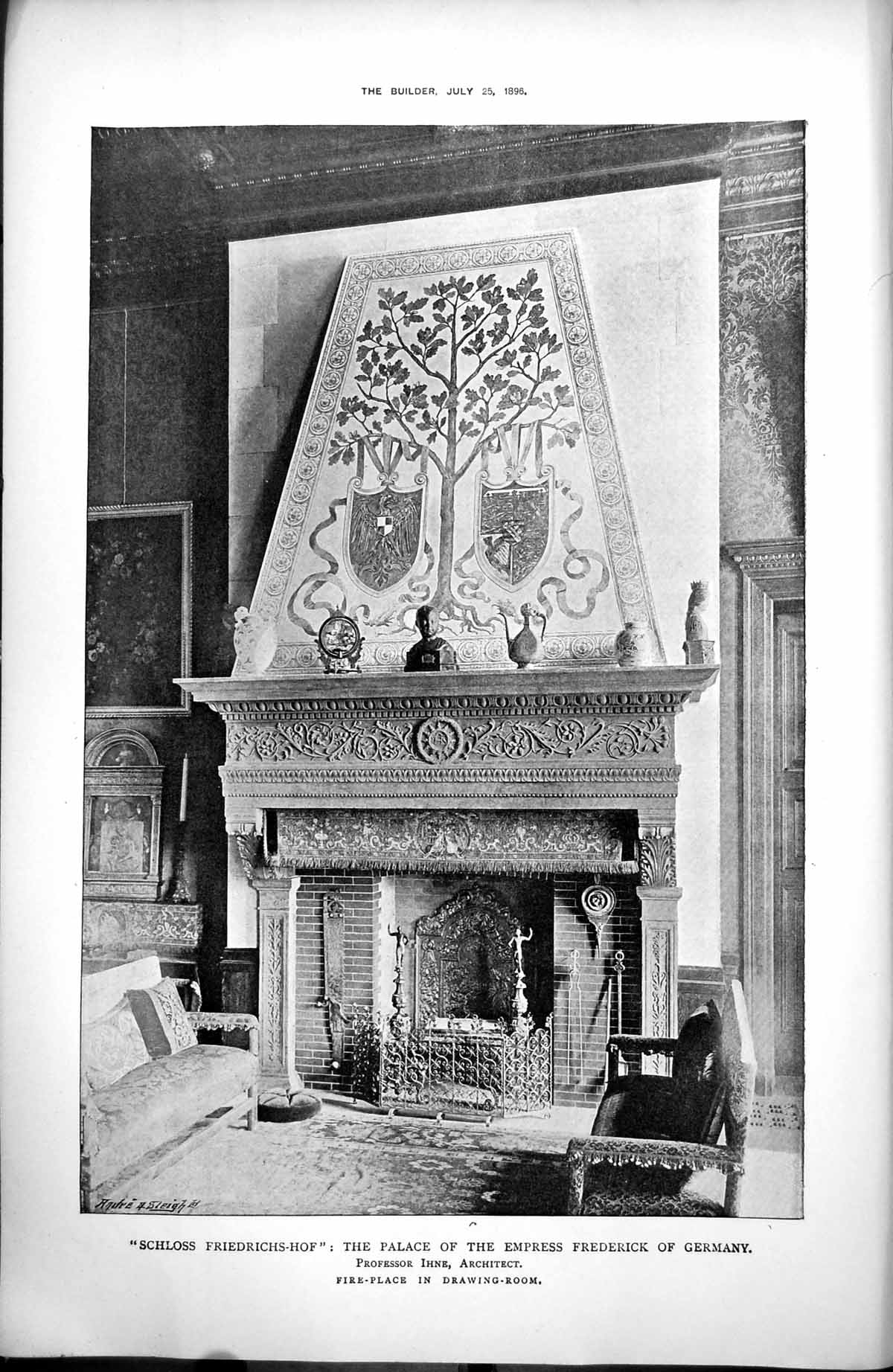 Old Print Schloss Friedrichs-HFire Place Drawing Room Empress Germany1896 19th