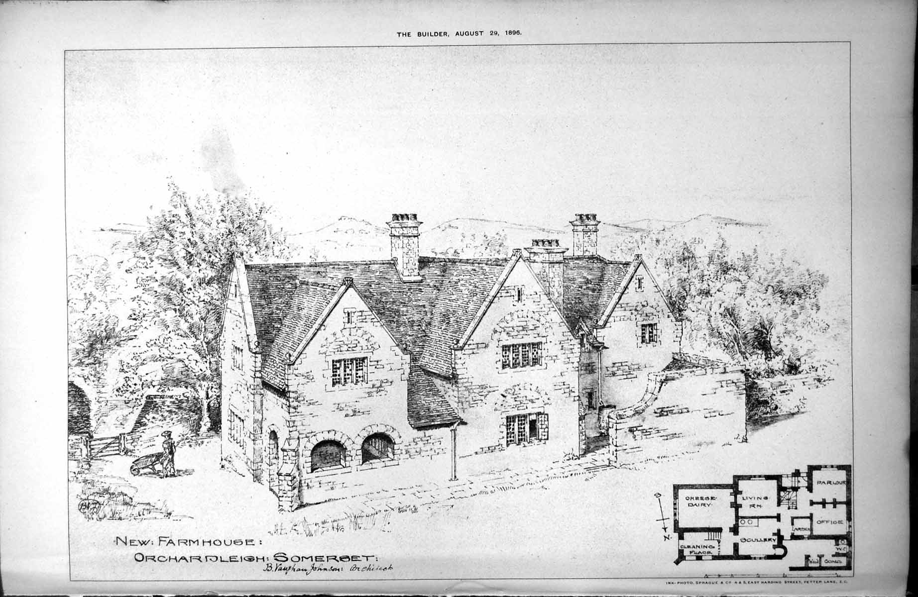 Antique Print New Farmhouse Orchardleigh Somerset Plan Vaughan Johnson 1896