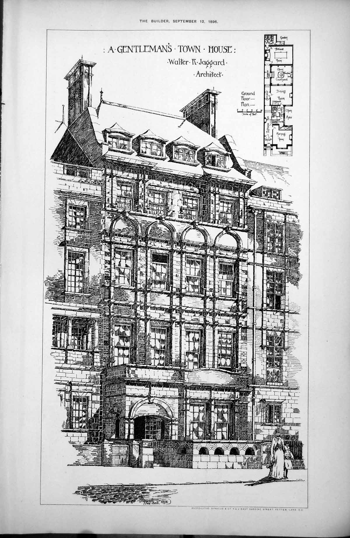 Antique Old Print Gentlemans Town House Plan Walter Jaggard Architect 1896 19th