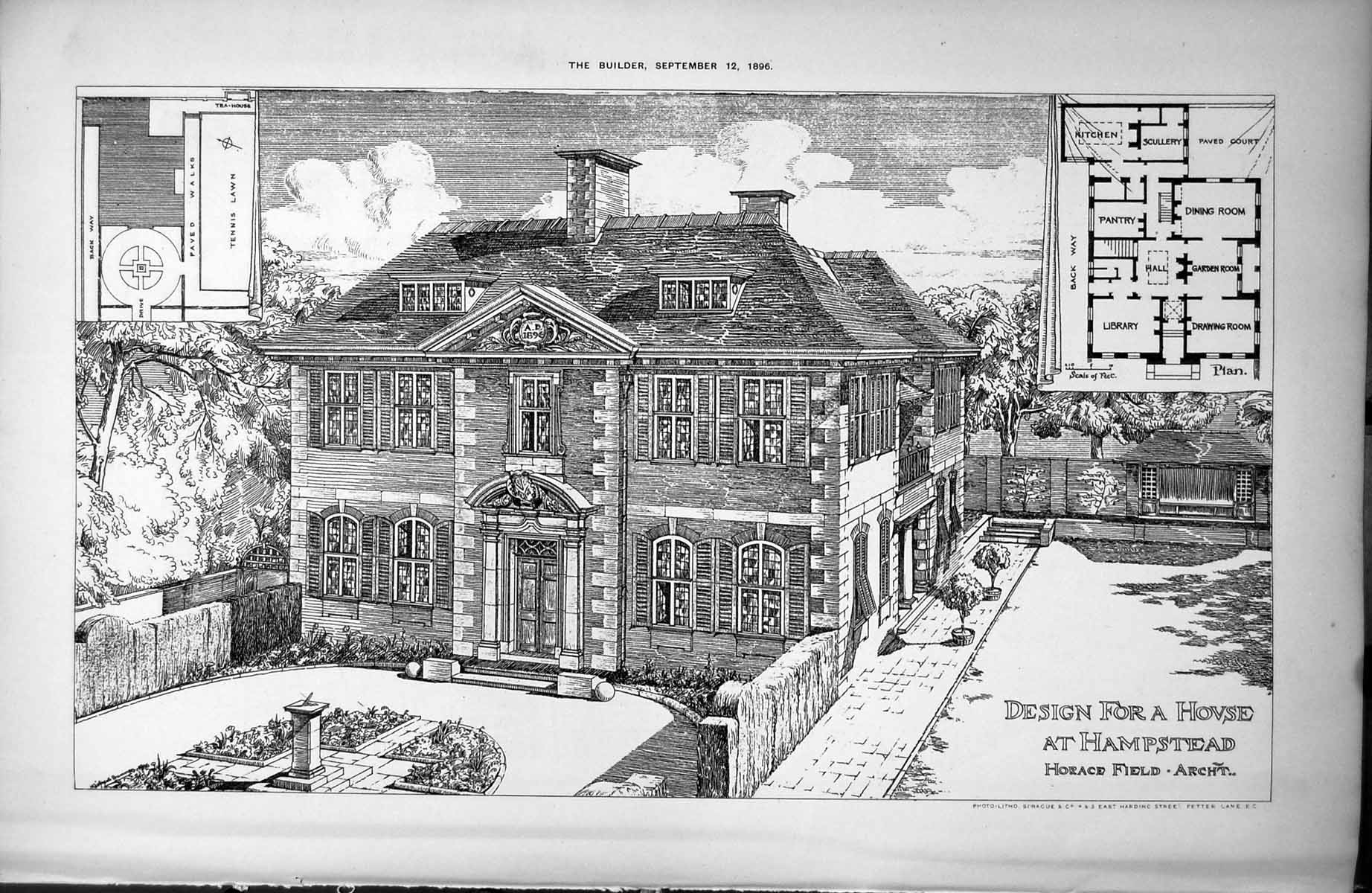 Old Antique Print Design House Hampstead Plan Horace Field Architect 1896 19th