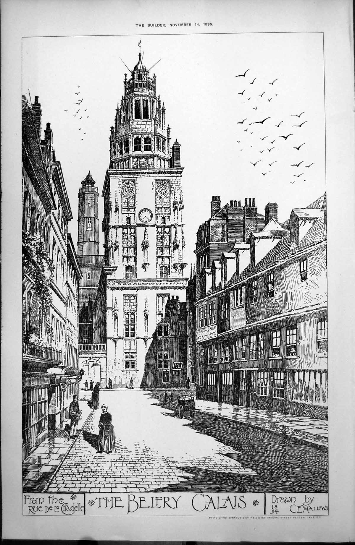 Old Belfry Calais From Rue De La Citadelle Drawn C E Mallows 1894 1896 19th