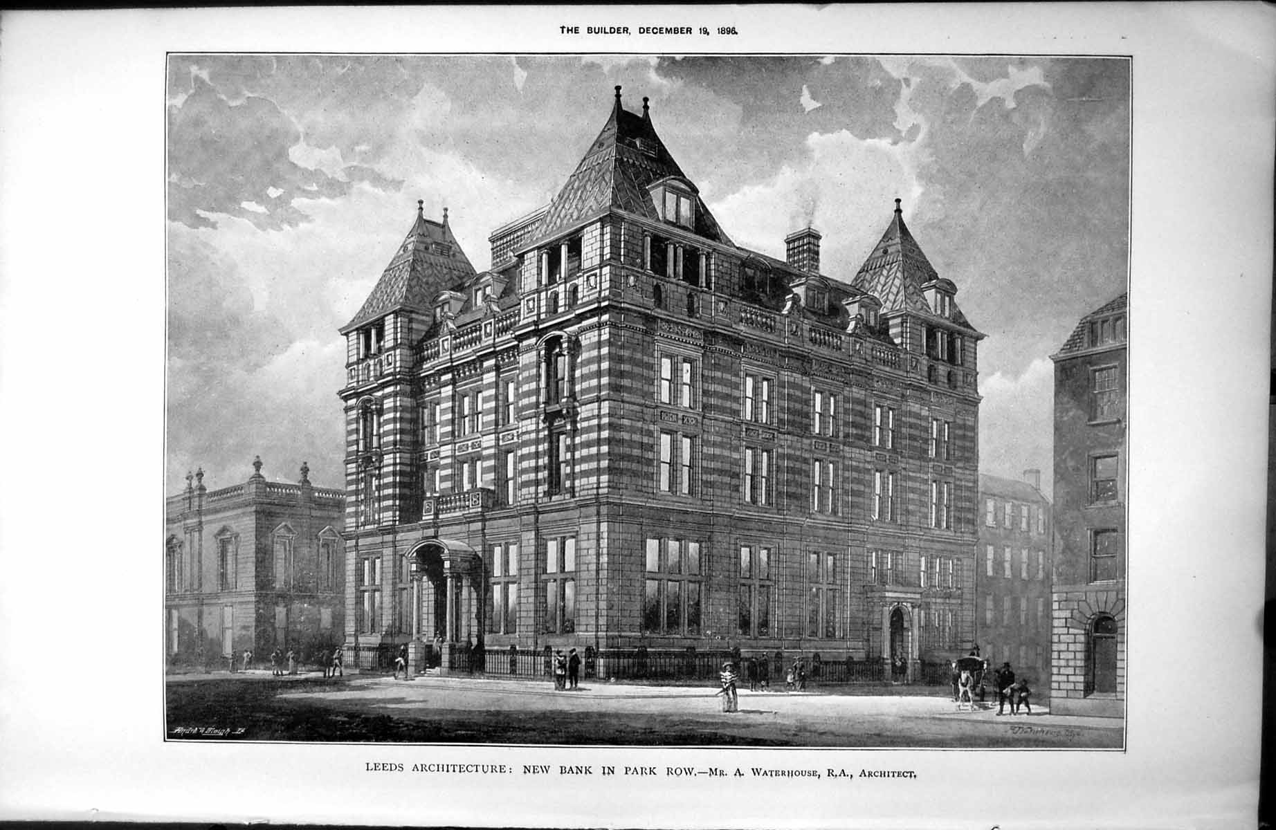 Old Print Leeds Architecture New Bank In Park Row A Waterhouse Arch 1896 19th