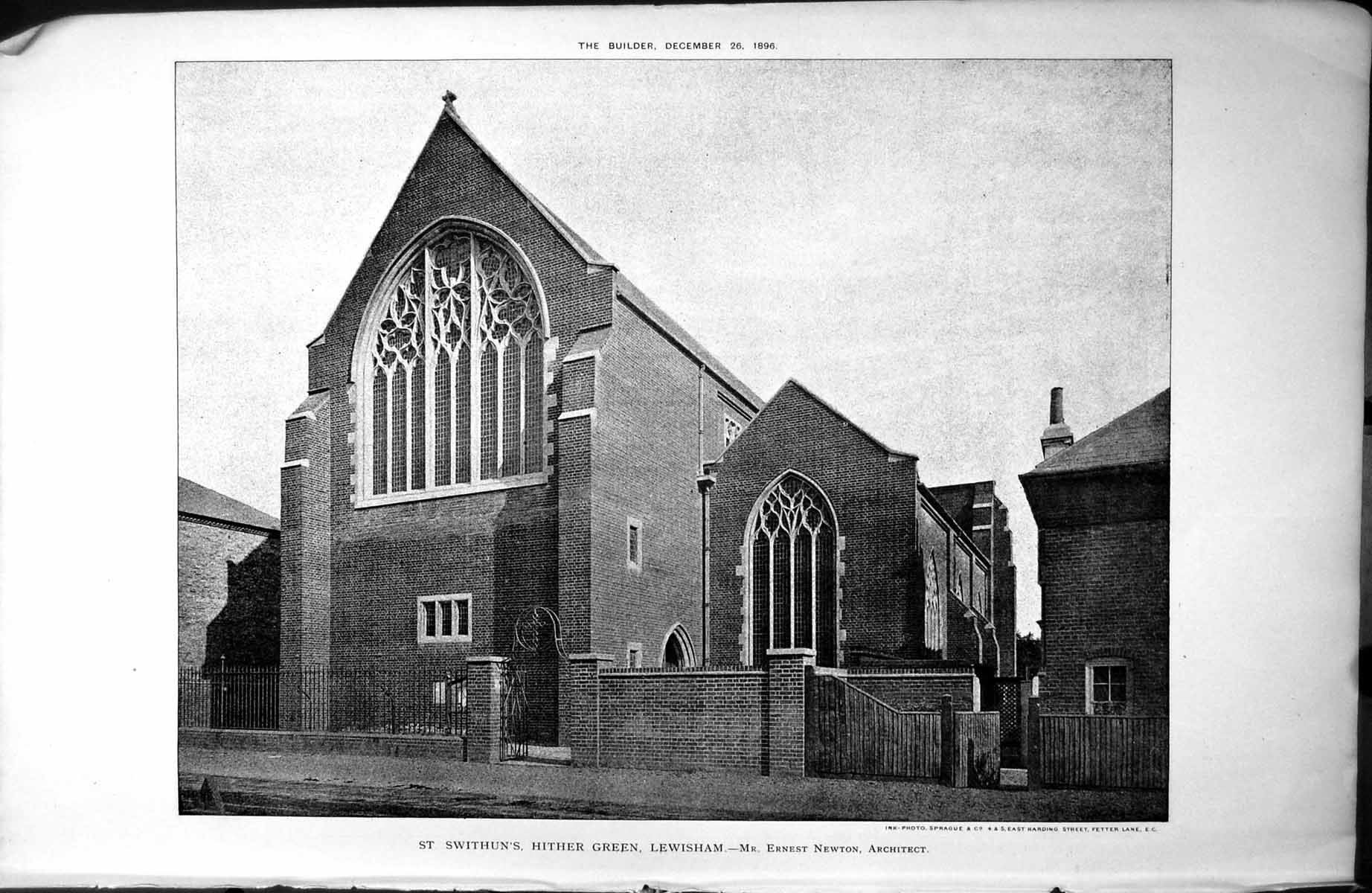 Old Print St Swithuns Hither Green Lewisham Ernest Newton Architect 1896 19th