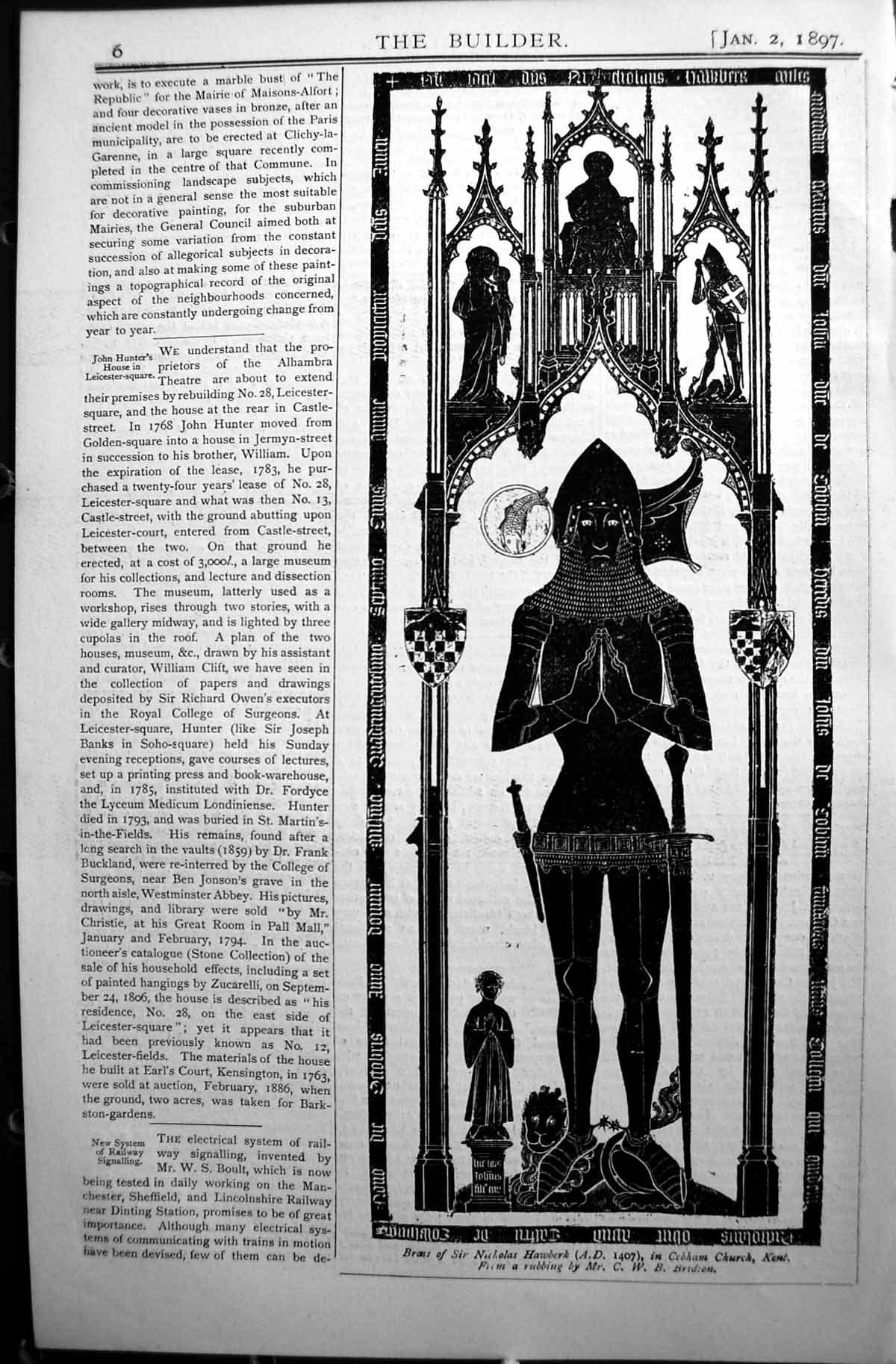 Antique Old Print Builder 1897 Brass Sir Nicholas Hawberk Cobham Church Kent