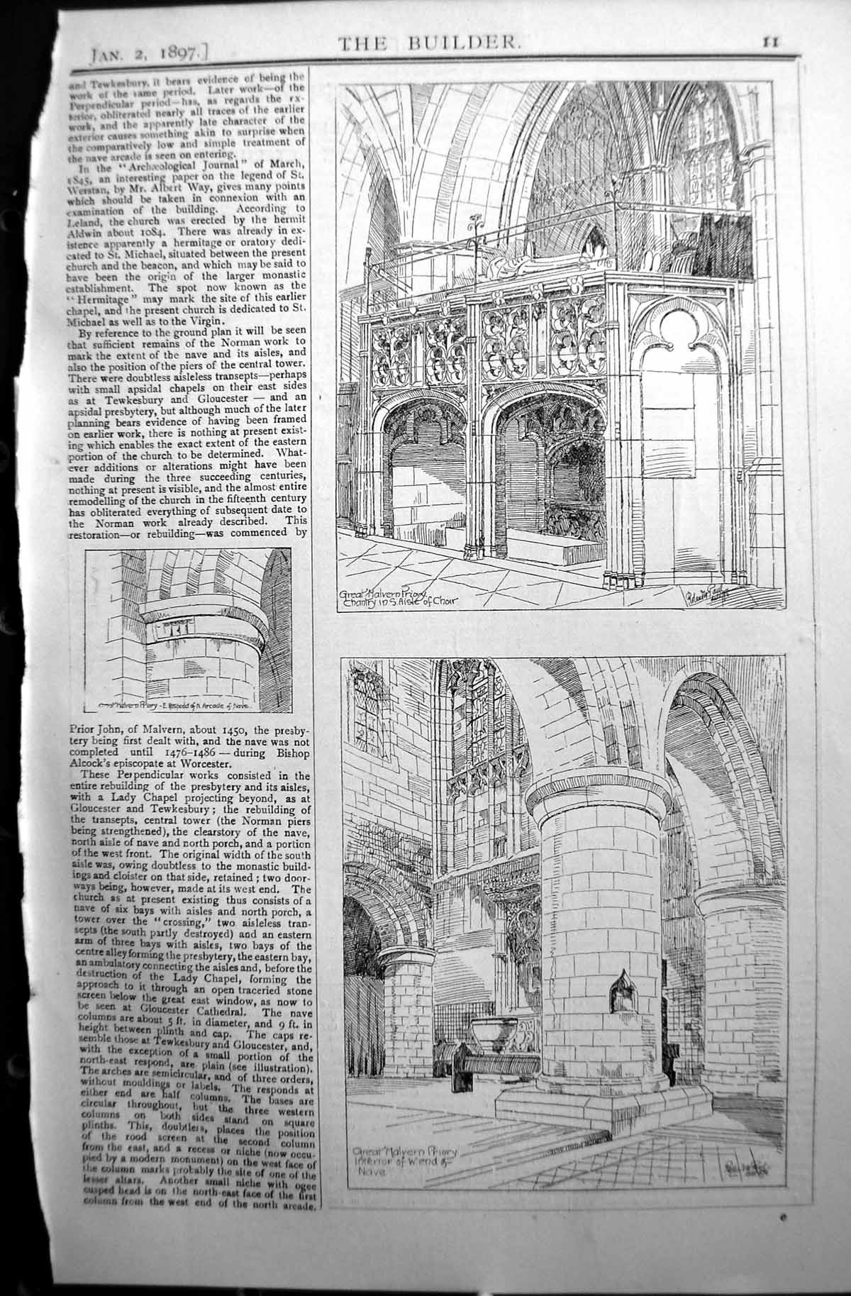 Old Builder 1897 Architecture Great Malvern Priory Interior Nave Ails Victorian