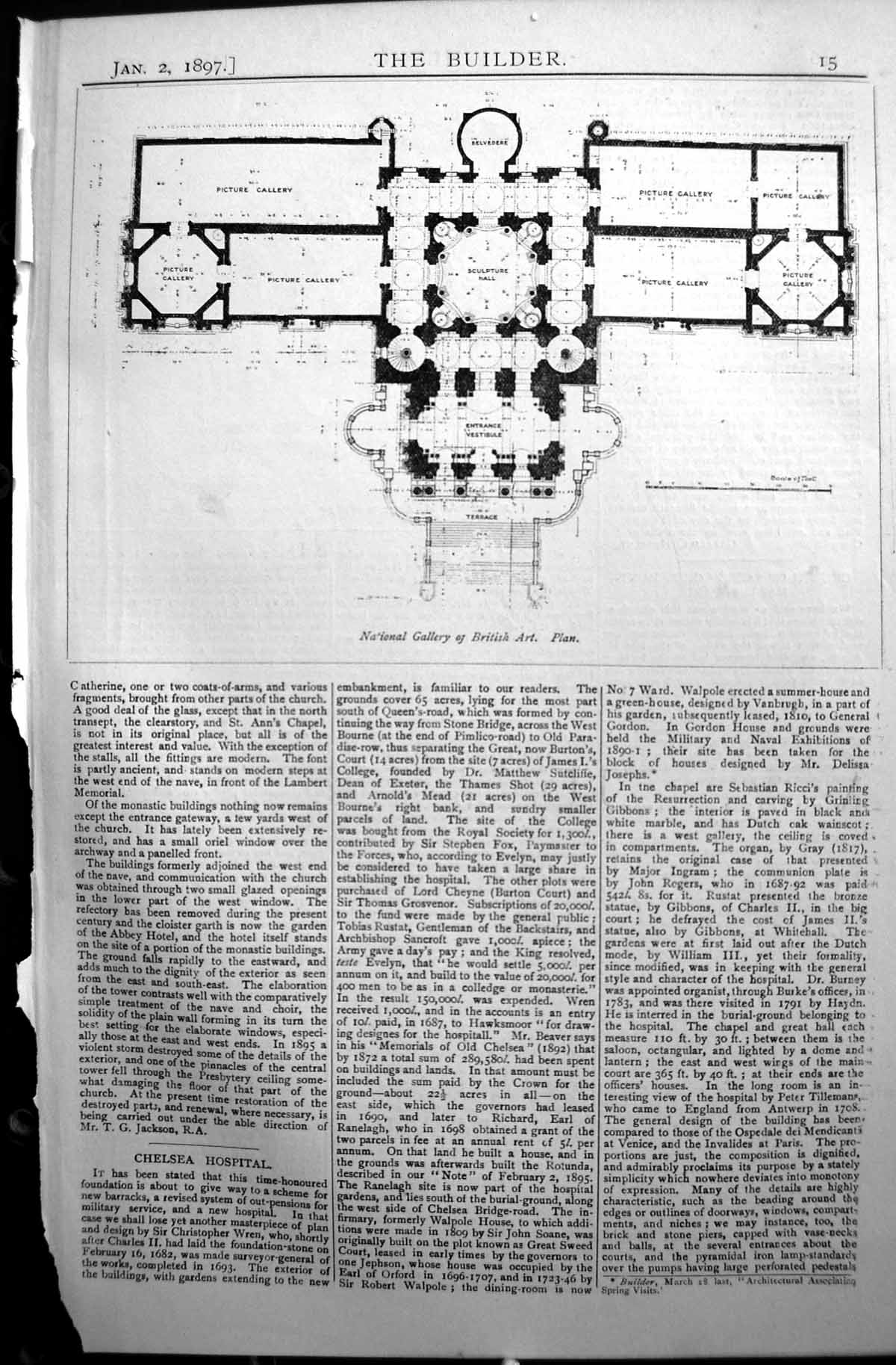 Antique Old Print Builder 1897 Architecture Plan National Gallery British Art