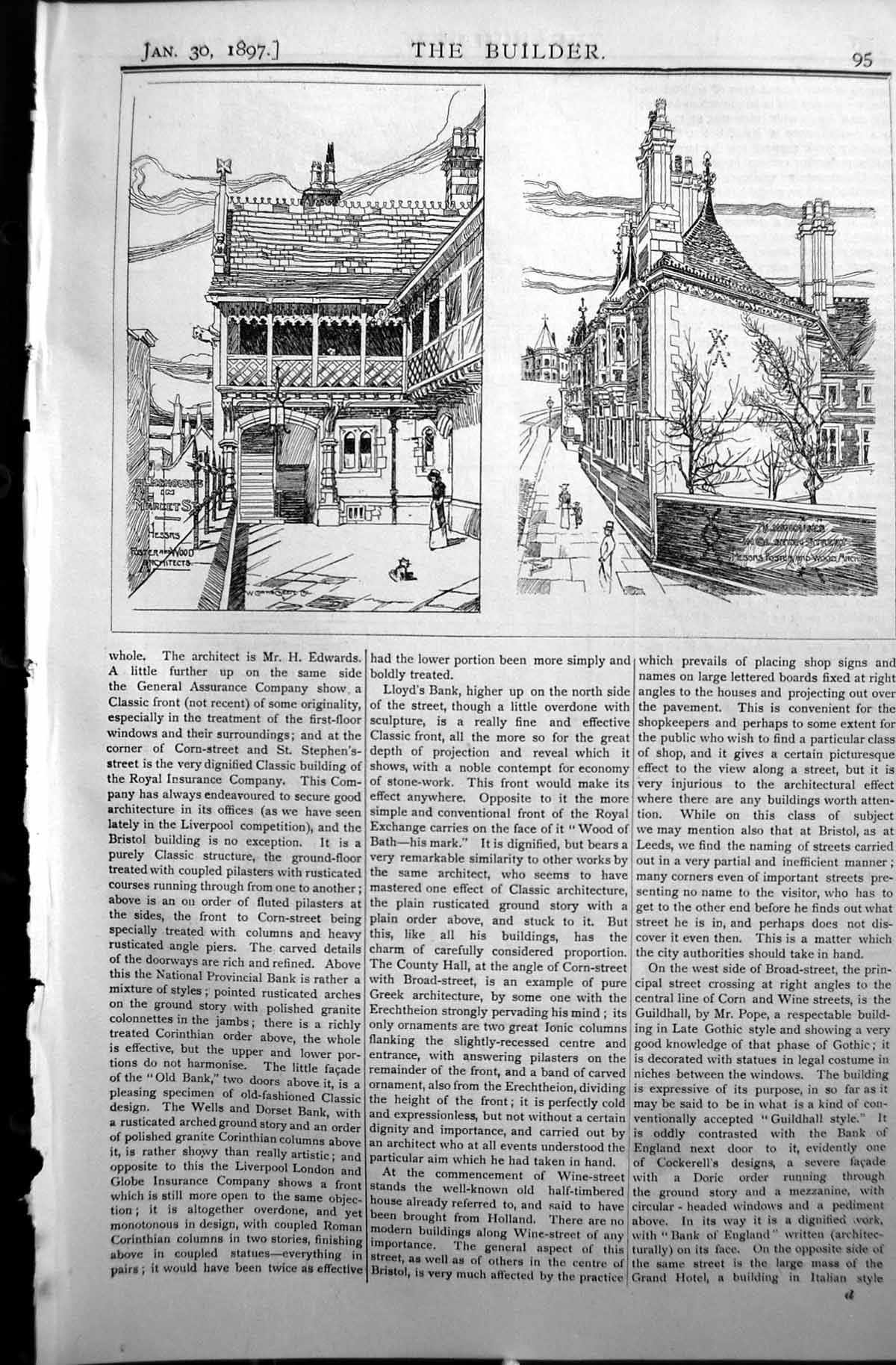 Old Antique Print Almshouses Market Street Wood Builder 1897 Architecture 19th