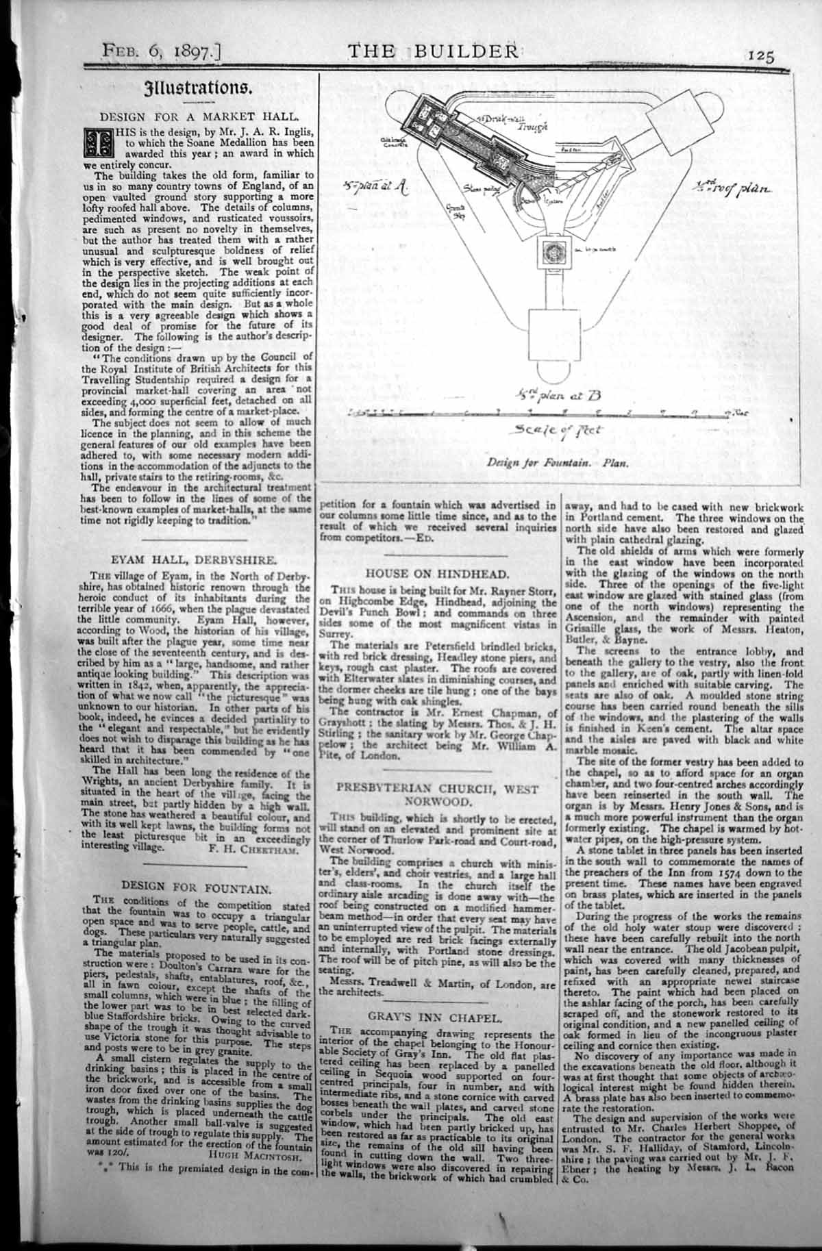 Original Old Antique Print Builder 1897 Architecture Design Plan Fountain 19th