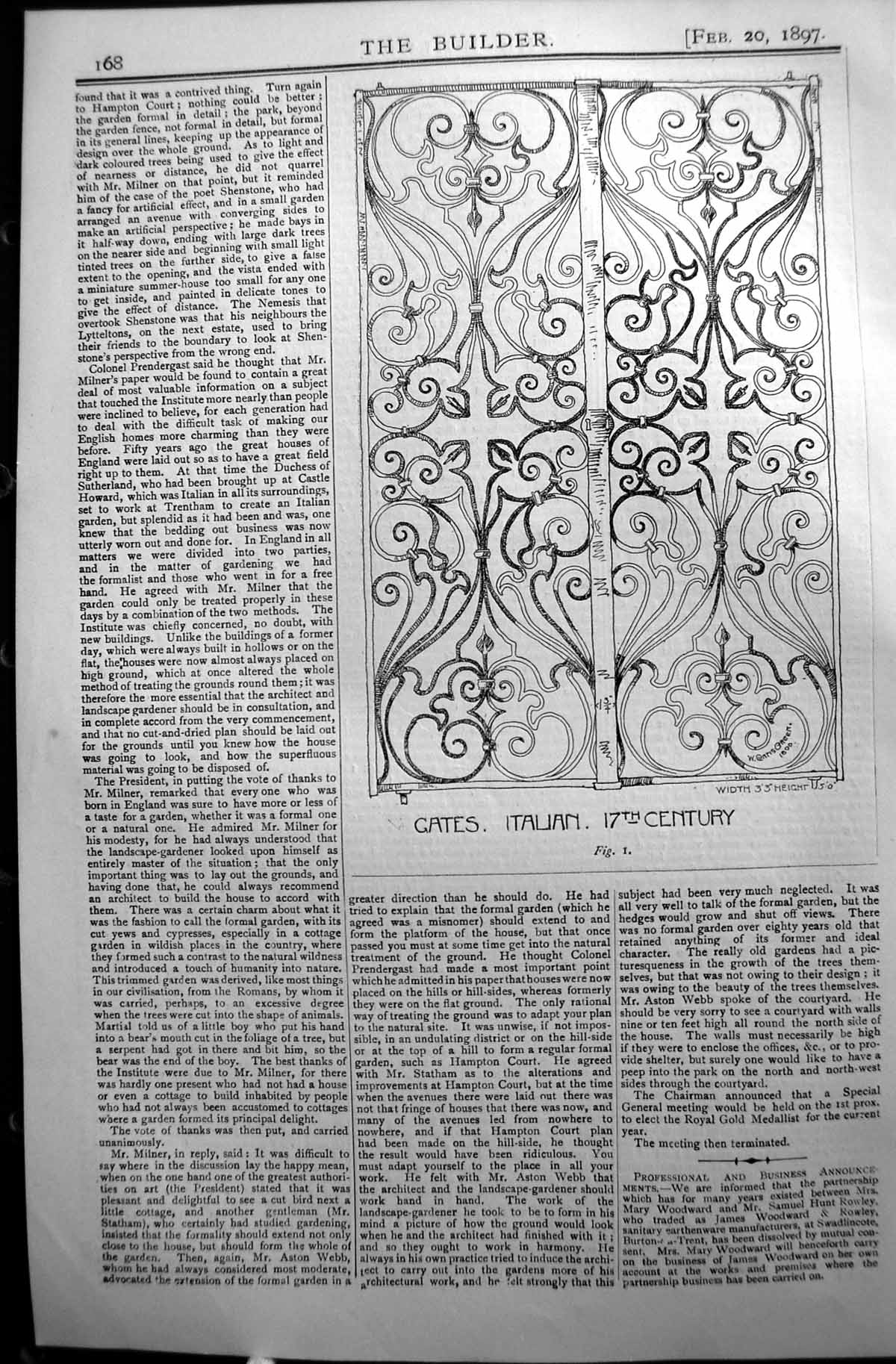 Original Old Antique Print Builder 1897 Architecture Italian Gates 17Th Century