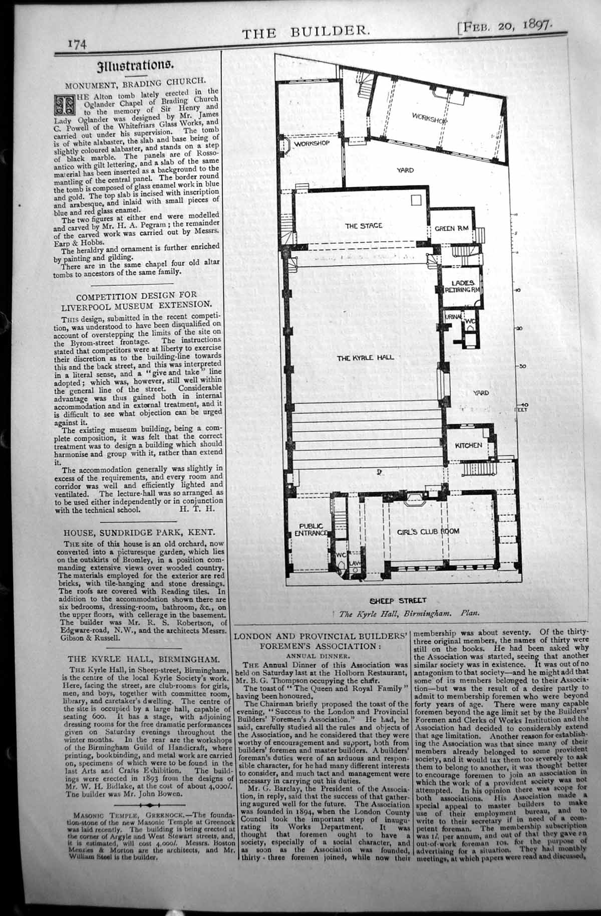 Old Builder 1897 Architecture Plan Kyrle Hall Birmingham Sheep Street Victorian