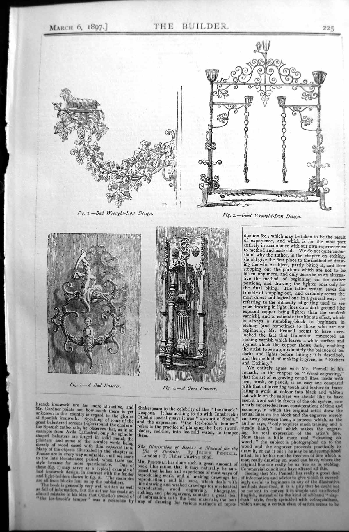Original Old Antique Print Builder 1897 Engineering Wrought Iron Design Knocker