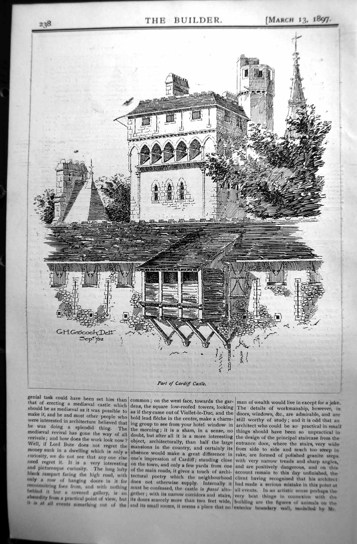 Original Old Antique Print Builder 1897 Architecture Cardiff Castle Grocock
