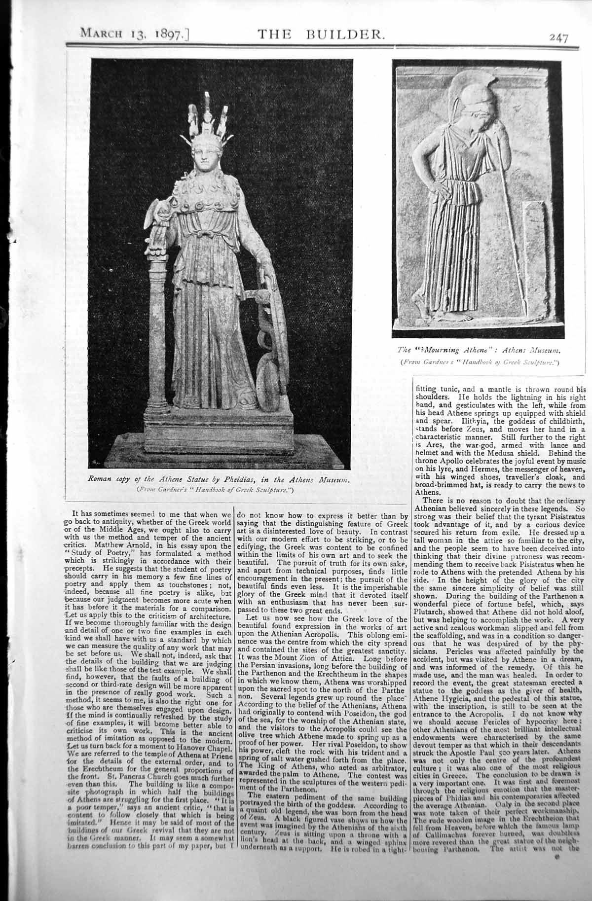 Old Builder 1897 Sculpture Roman Copy Athene Statue Pheidias Athens M Victorian