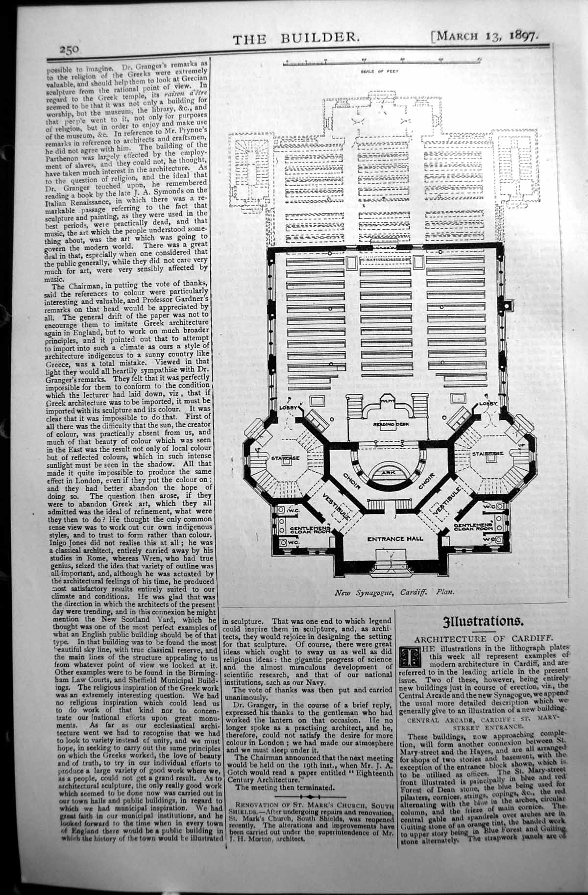 Original Old Antique Print Builder 1897 Architecture Plan Synangogue Cardiff