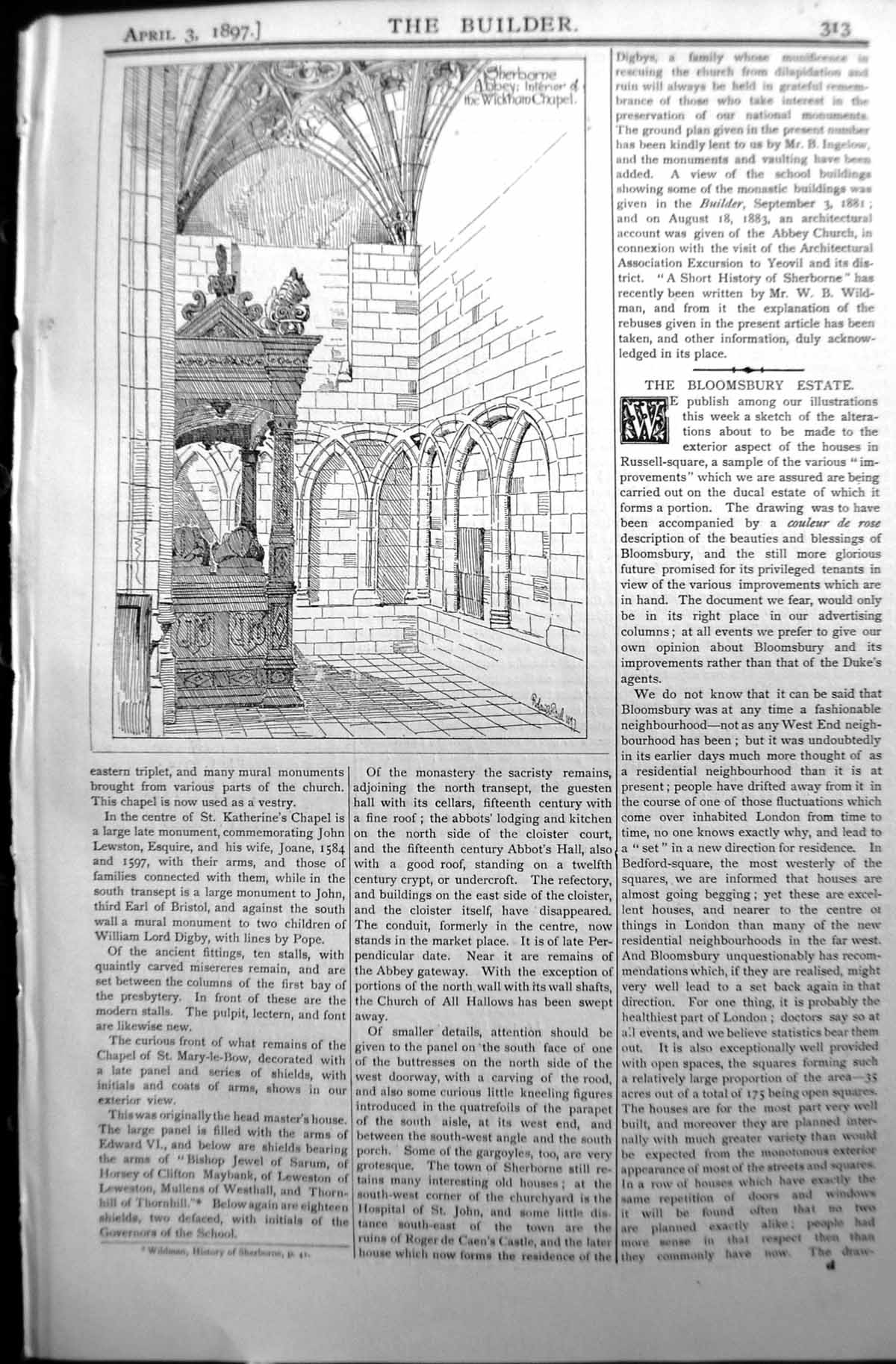Old Builder 1897 Architecture Sherborne Abbey Interior Wickham Chapel Victorian