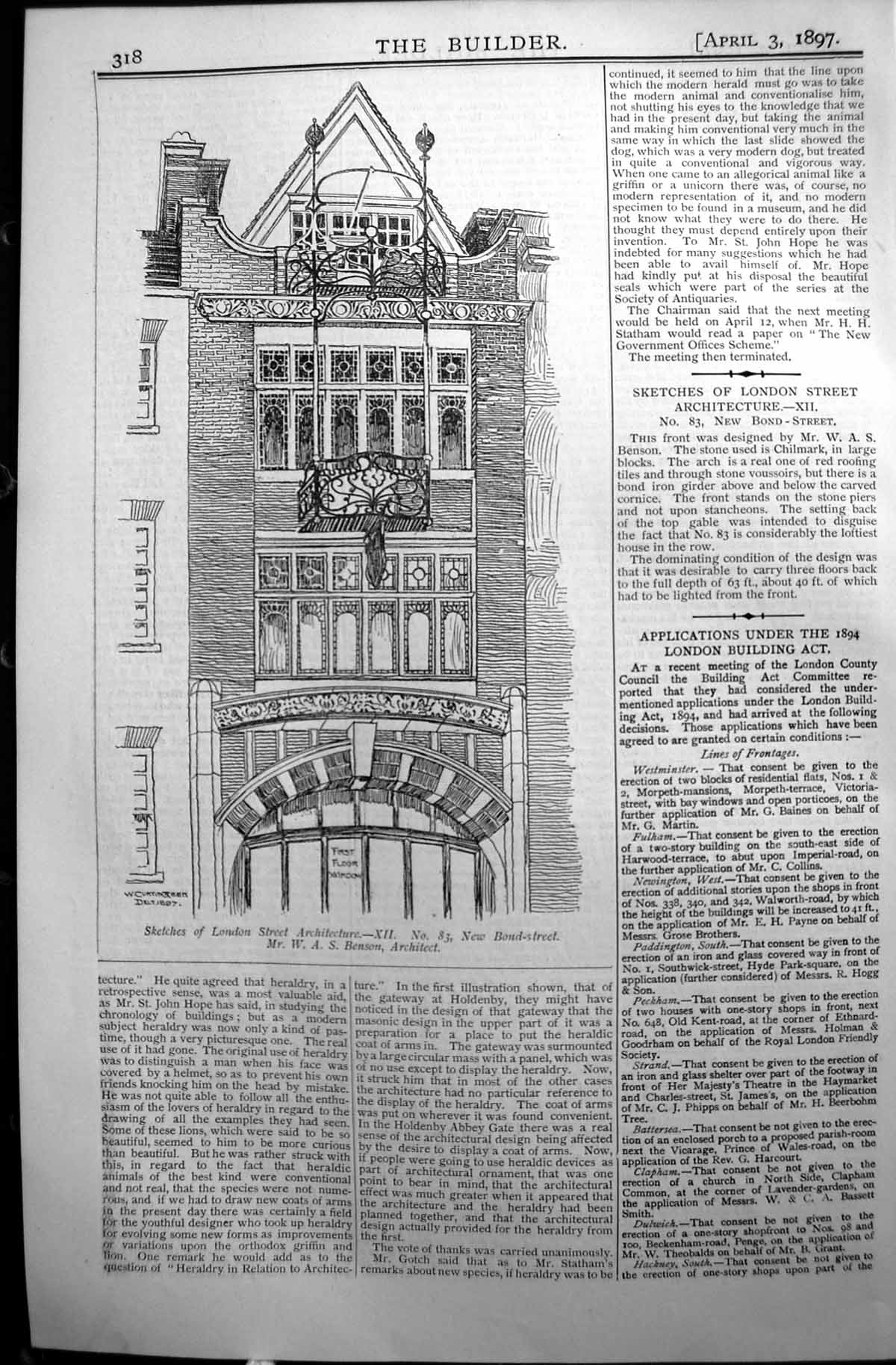 Antique Old Print Builder 1897 London Street Architecture Bond Street Benson