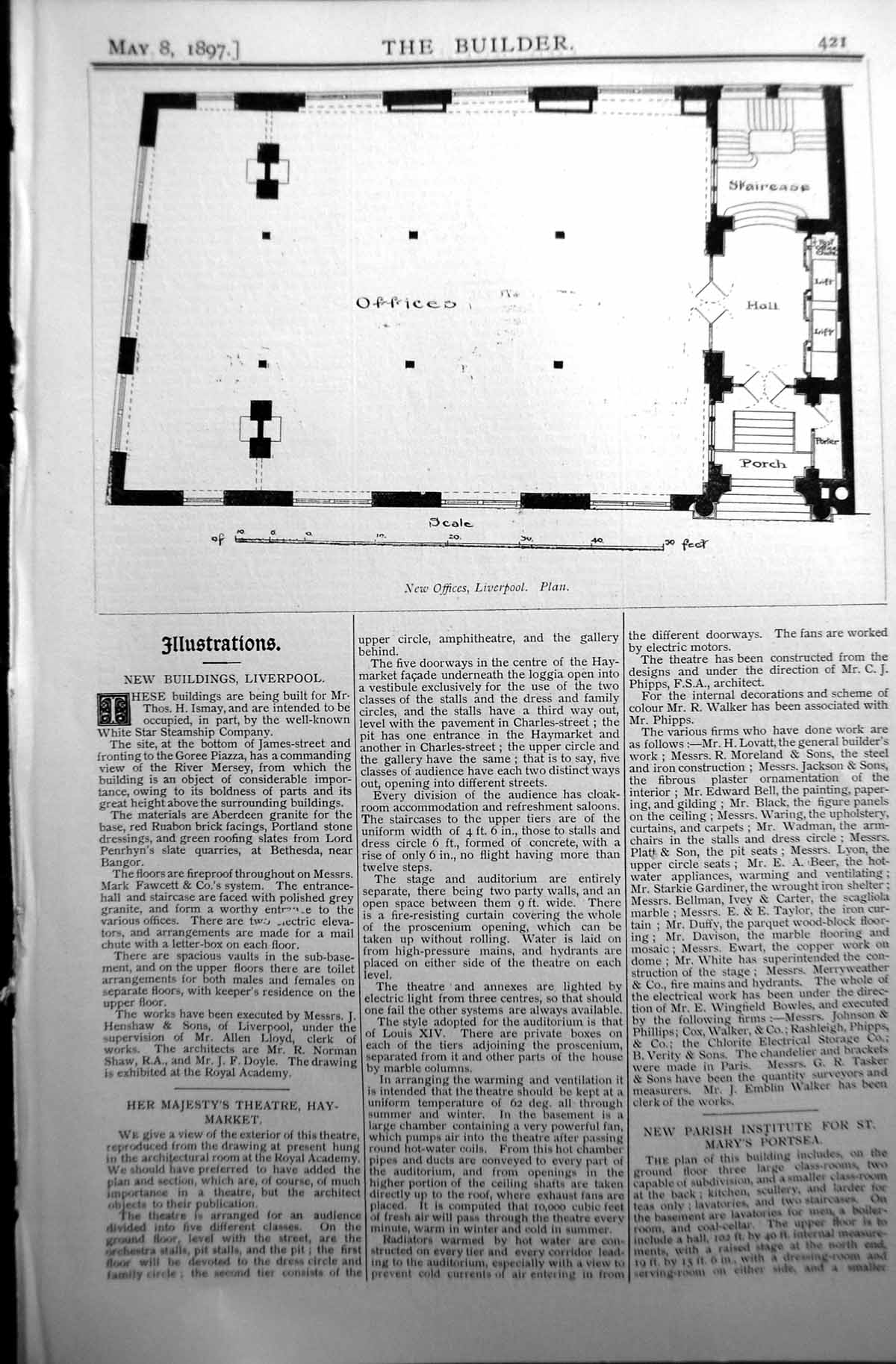 Original Old Antique Print Plan Offices Liverpool Builder 1897 Architecture
