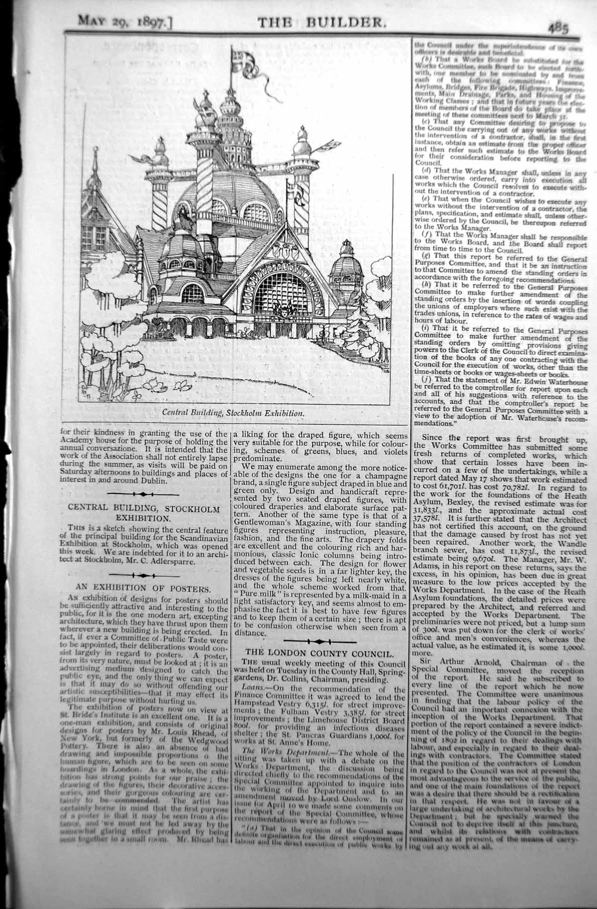 Old Print Central Building Stockholm Exhibition Builder 1897 Architecture 19th