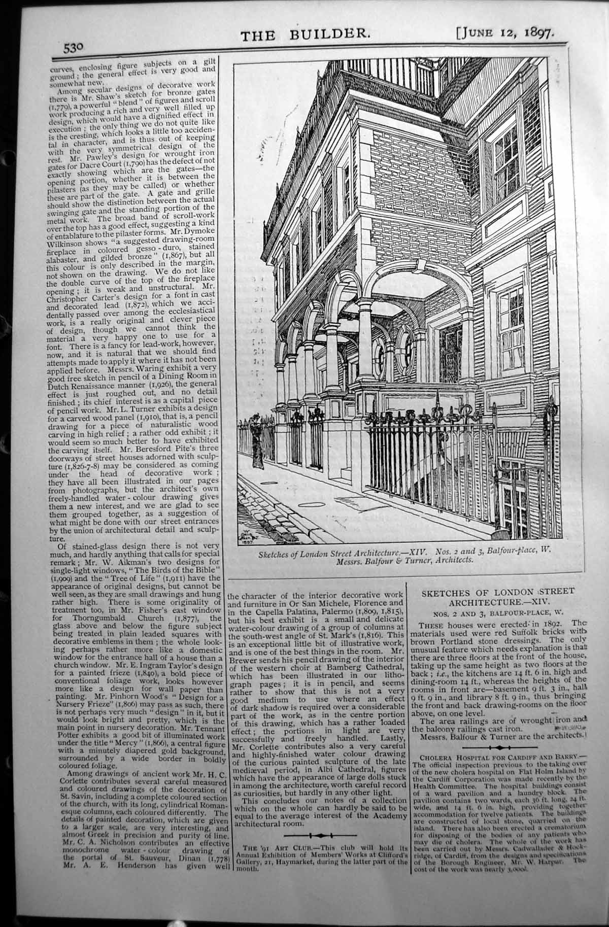 Antique Print Builder 1897 London Street Architecture Balfour Place Turner 19th