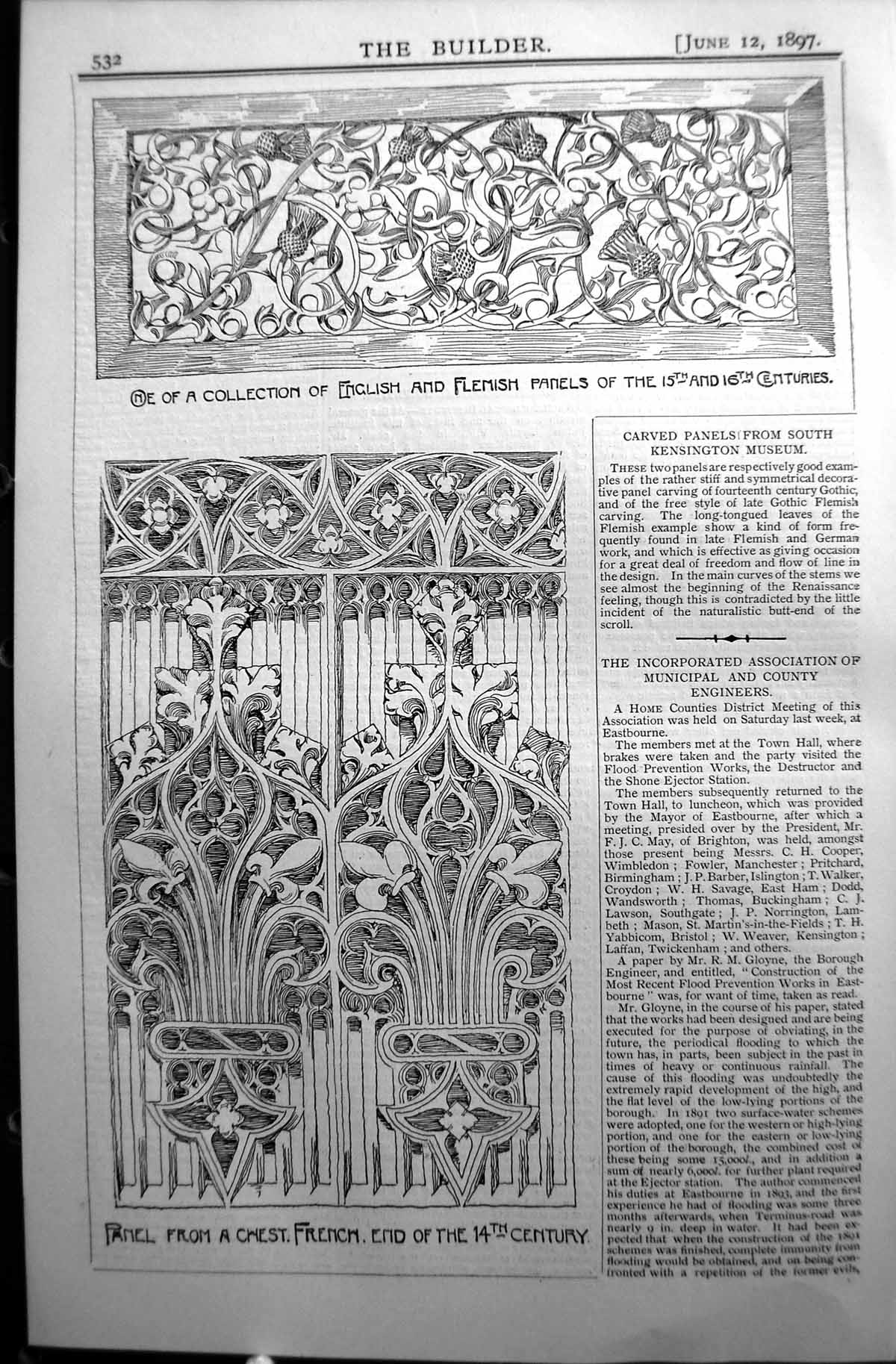 Antique Old Print Builder 1897 English Flemish Panel French Chest Decoration