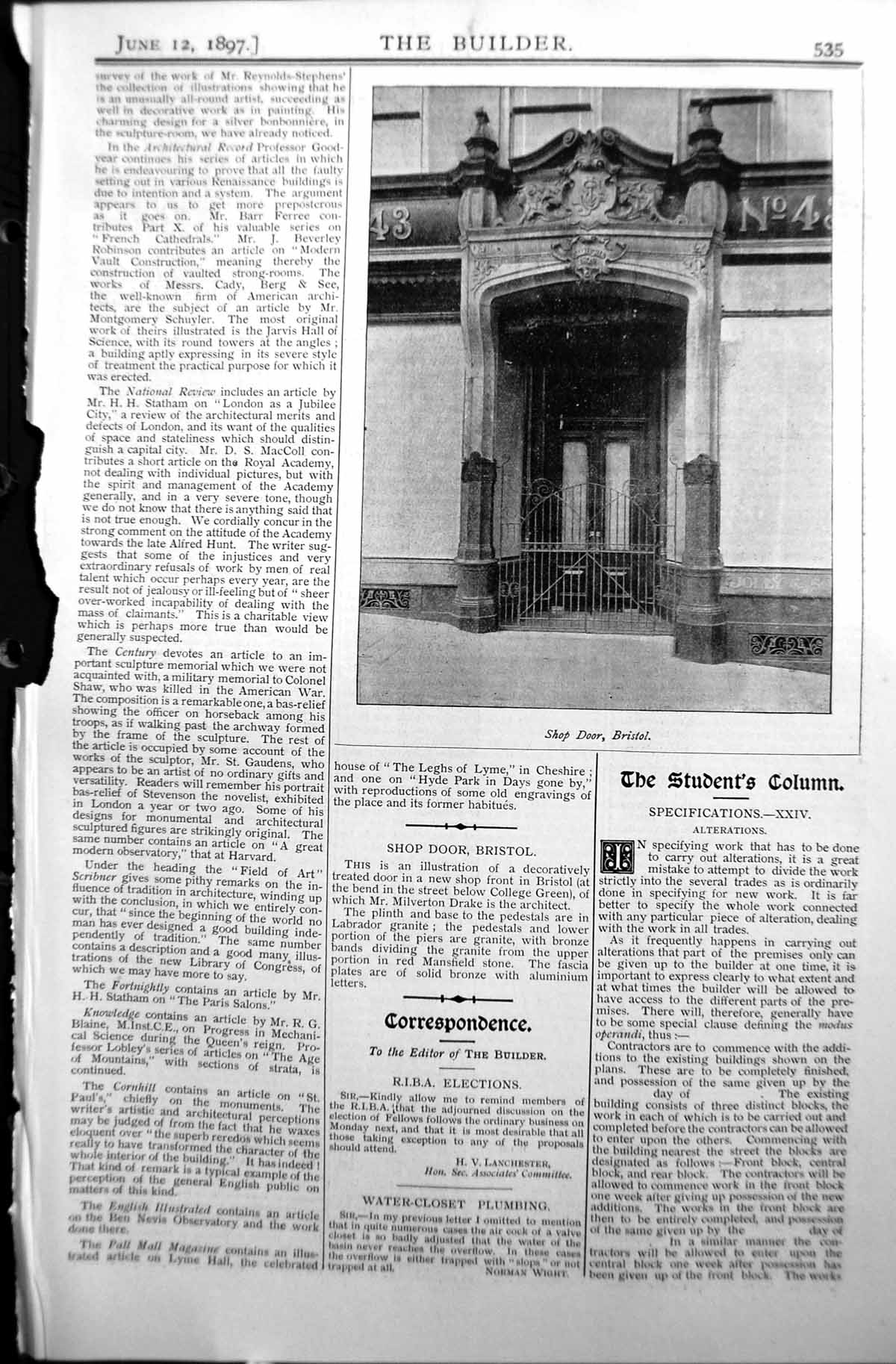 Original Old Antique Print Builder 1897 Architecture Shop Door Bristol 19th